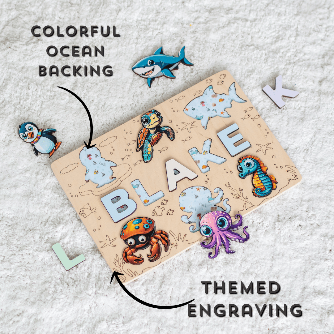 Montessori name puzzle with dolphin, whale, and starfish