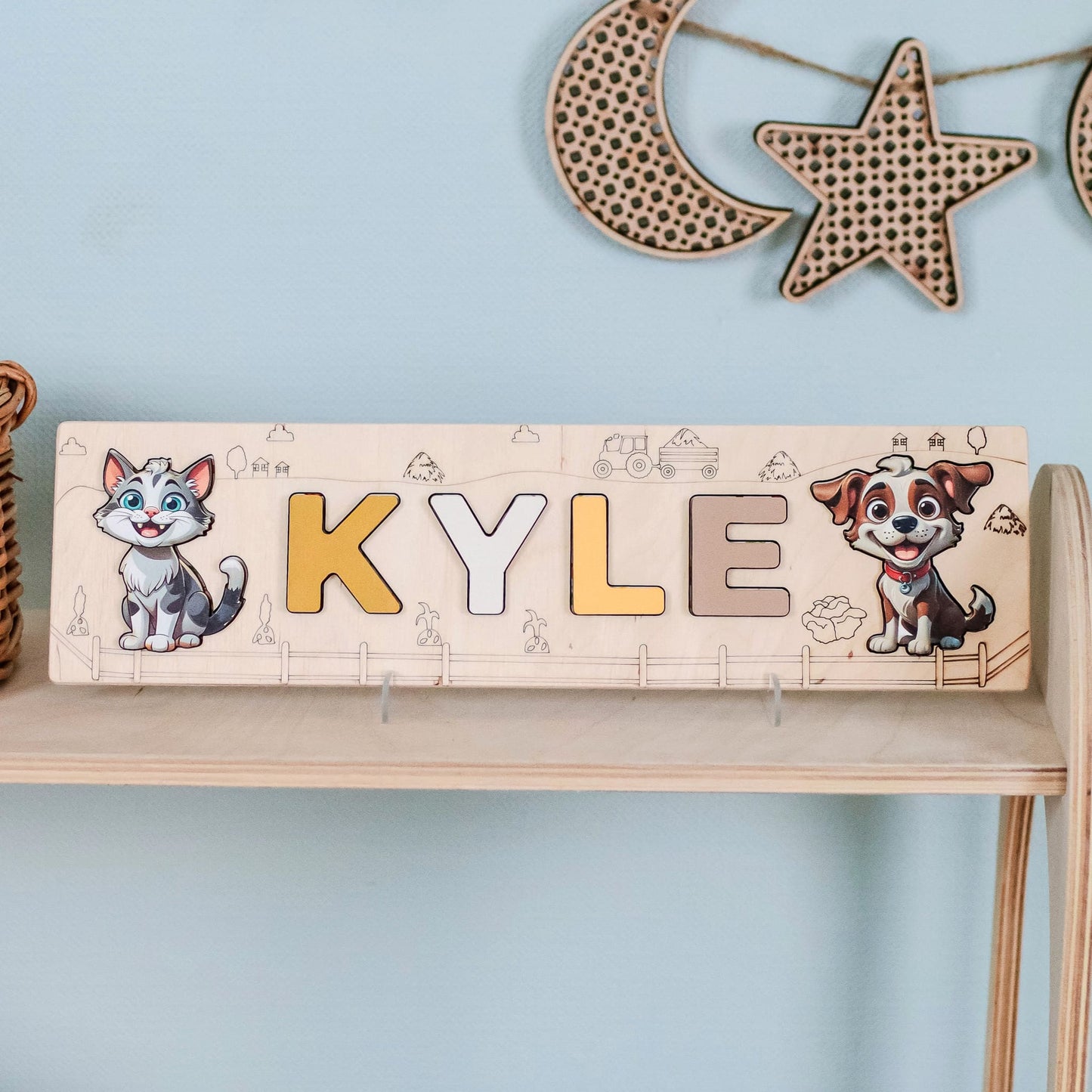 Montessori puzzle with child’s name and farm magnets