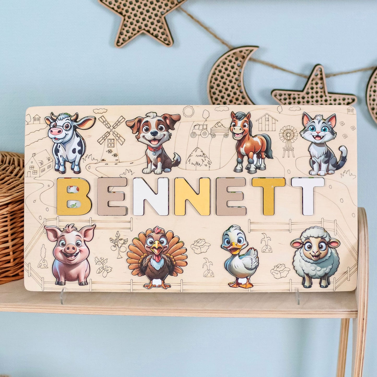 Farm animal name puzzle with magnetic cow and pig