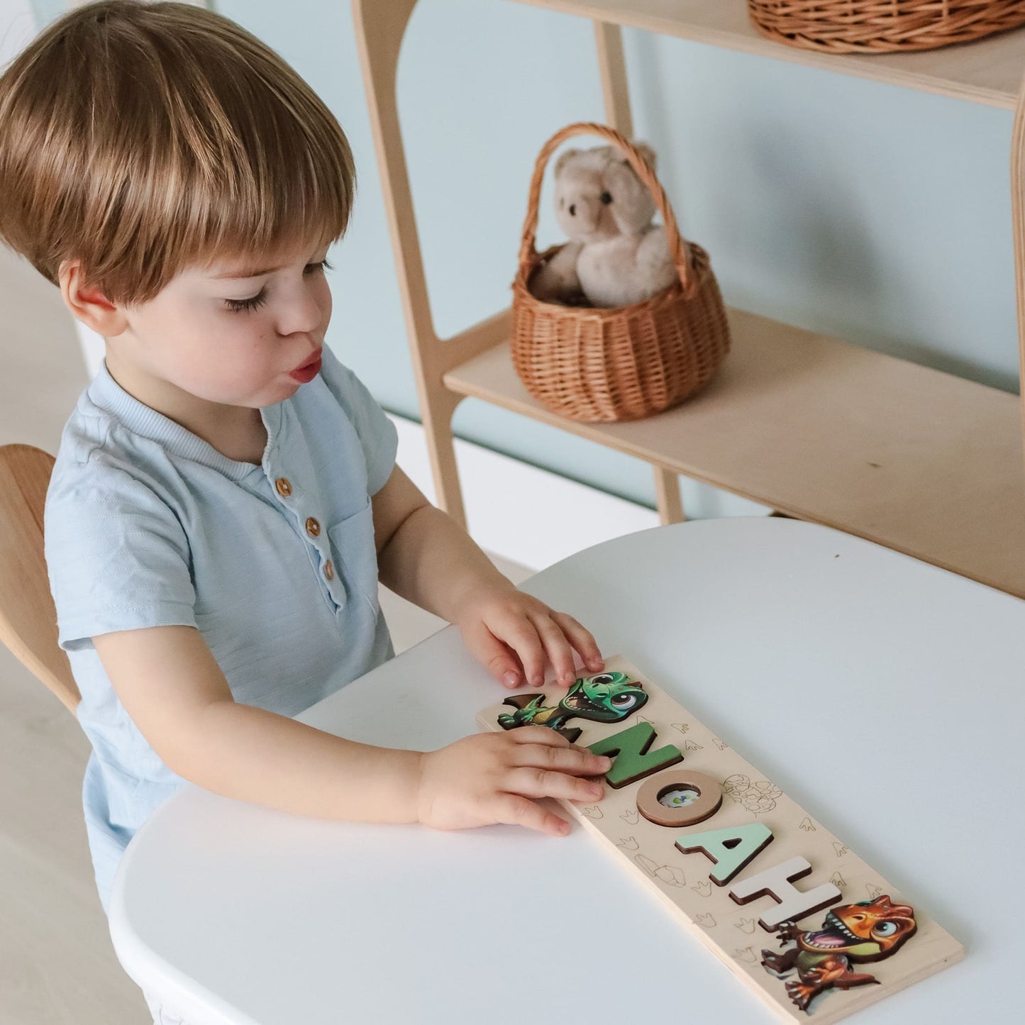 Montessori dinosaur puzzle with T-Rex and Stegosaurus