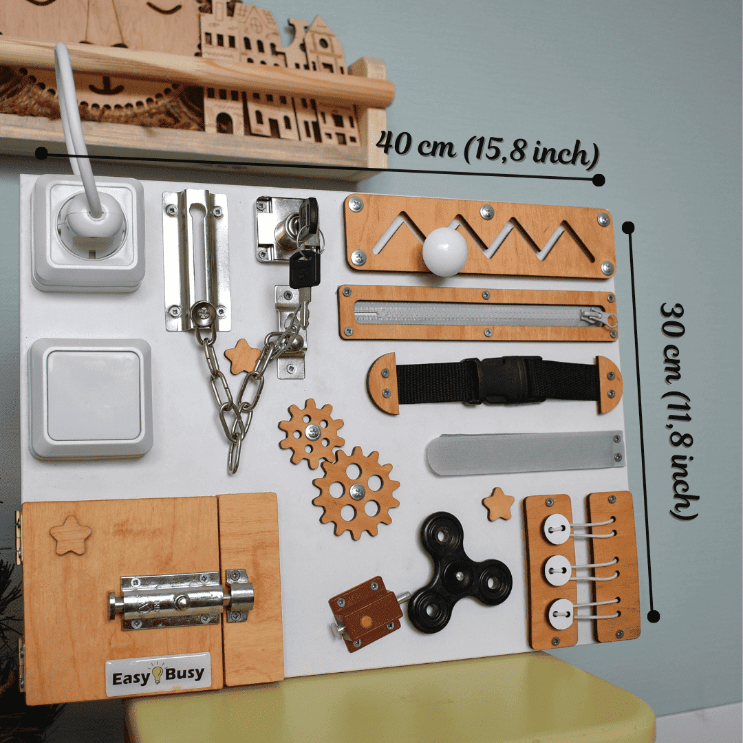 Compact wooden sensory board with neutral modern design