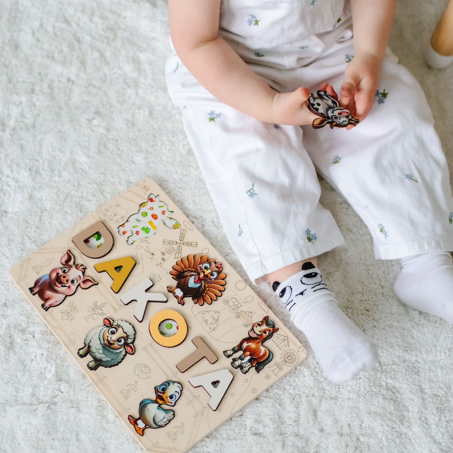 Personalized alphabet puzzle with farm animal characters