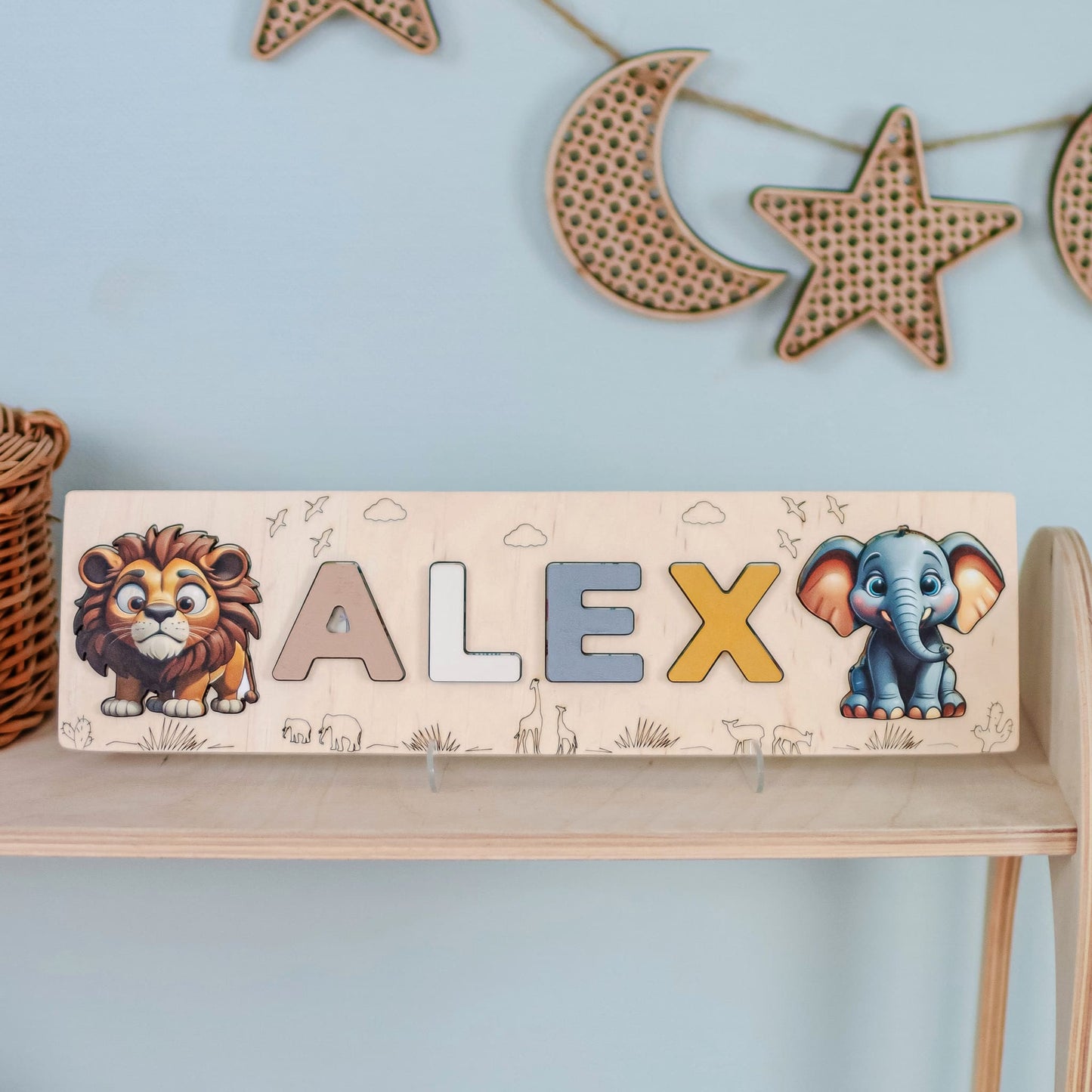 Montessori toy with engraved name and safari creatures