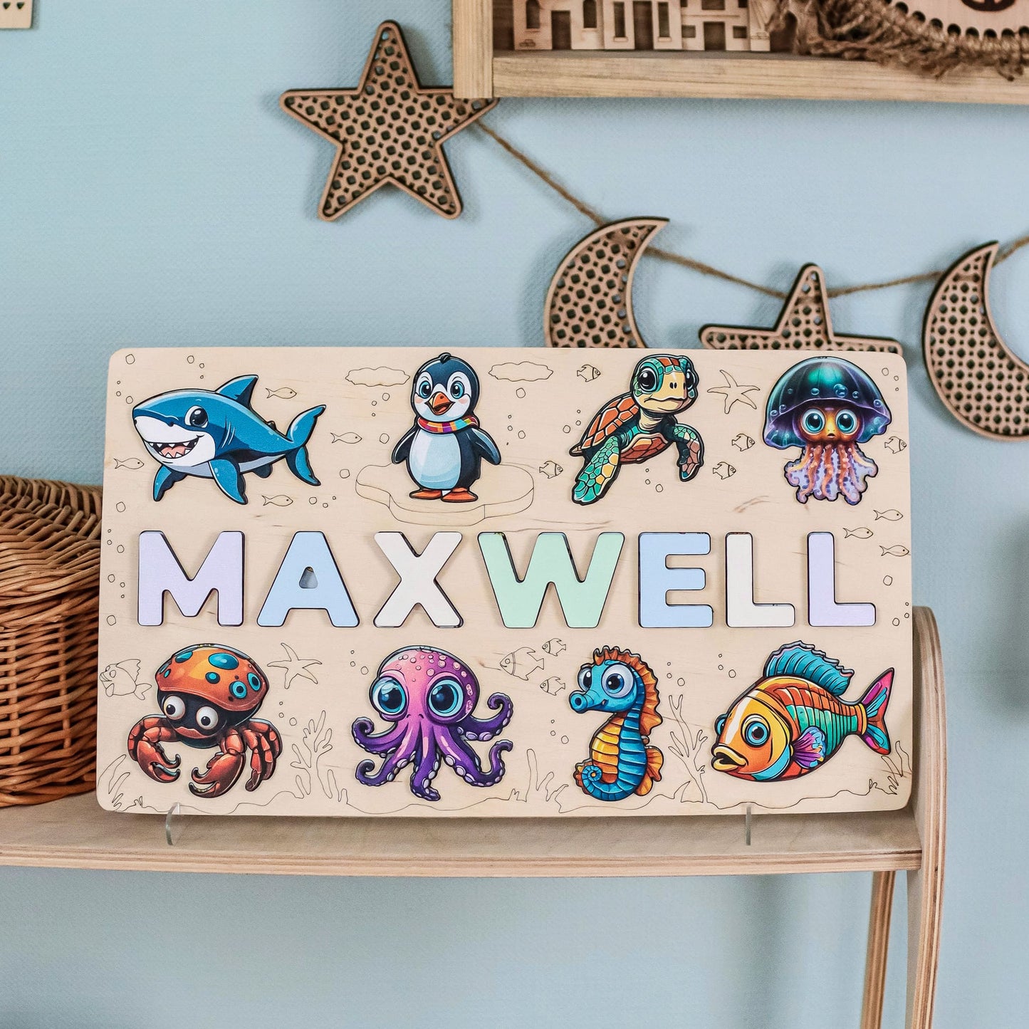 Personalized alphabet puzzle with turtle and fish