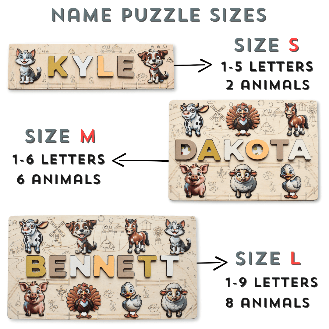 Custom wooden name puzzle with barnyard animals