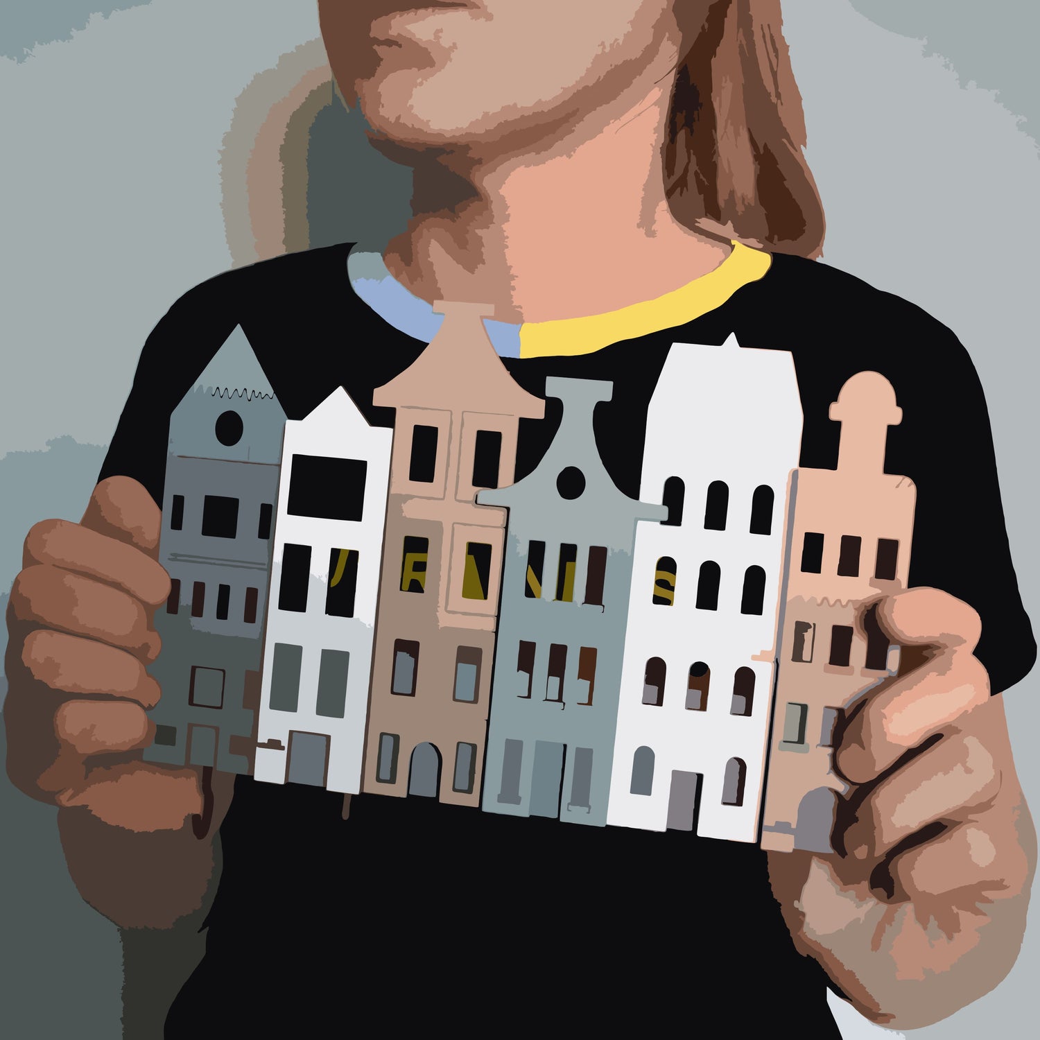 A child holding a handmade wooden decor piece shaped like European-style houses, created by Easy Busy Workshop