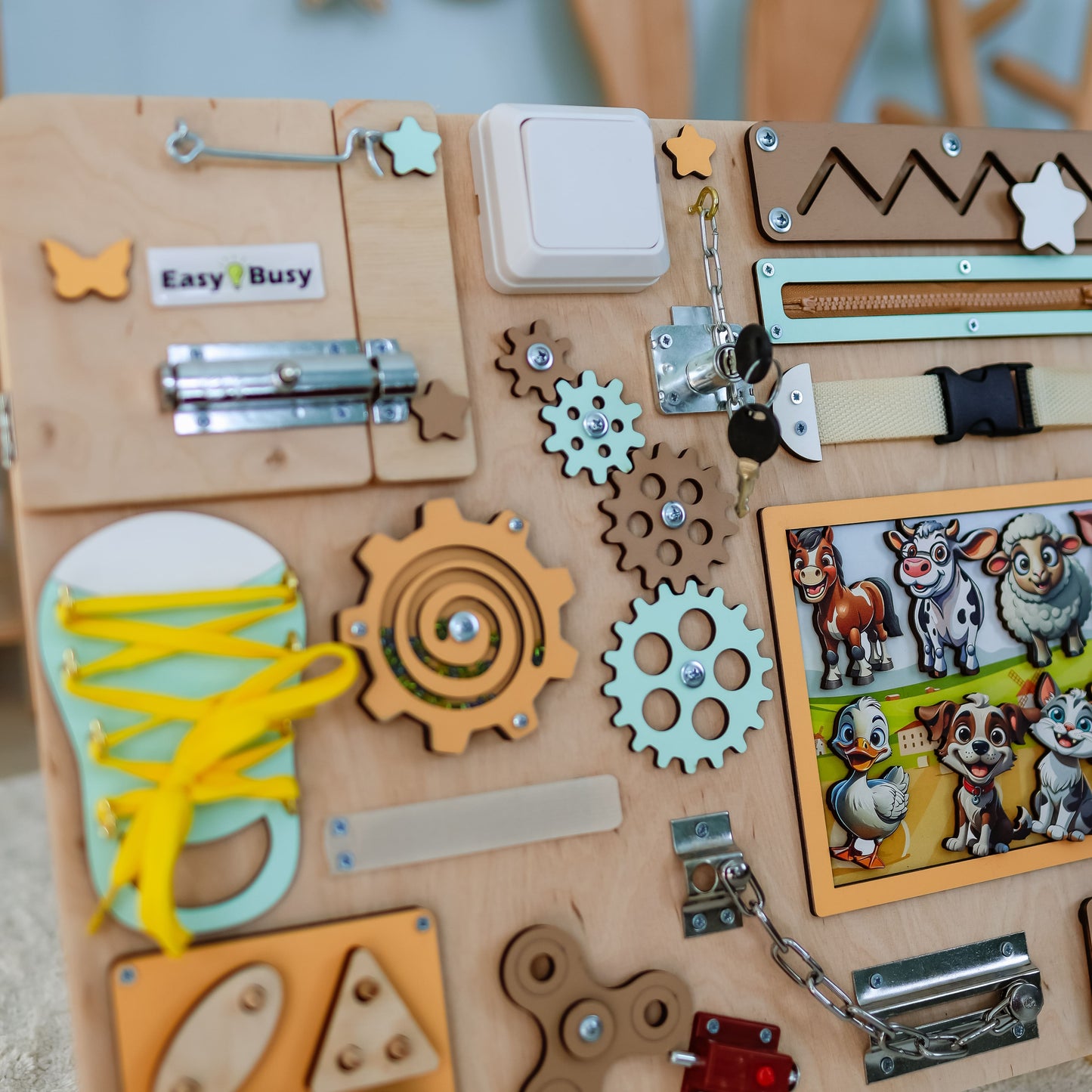 Eco-friendly handcrafted Montessori activity board with farm animals