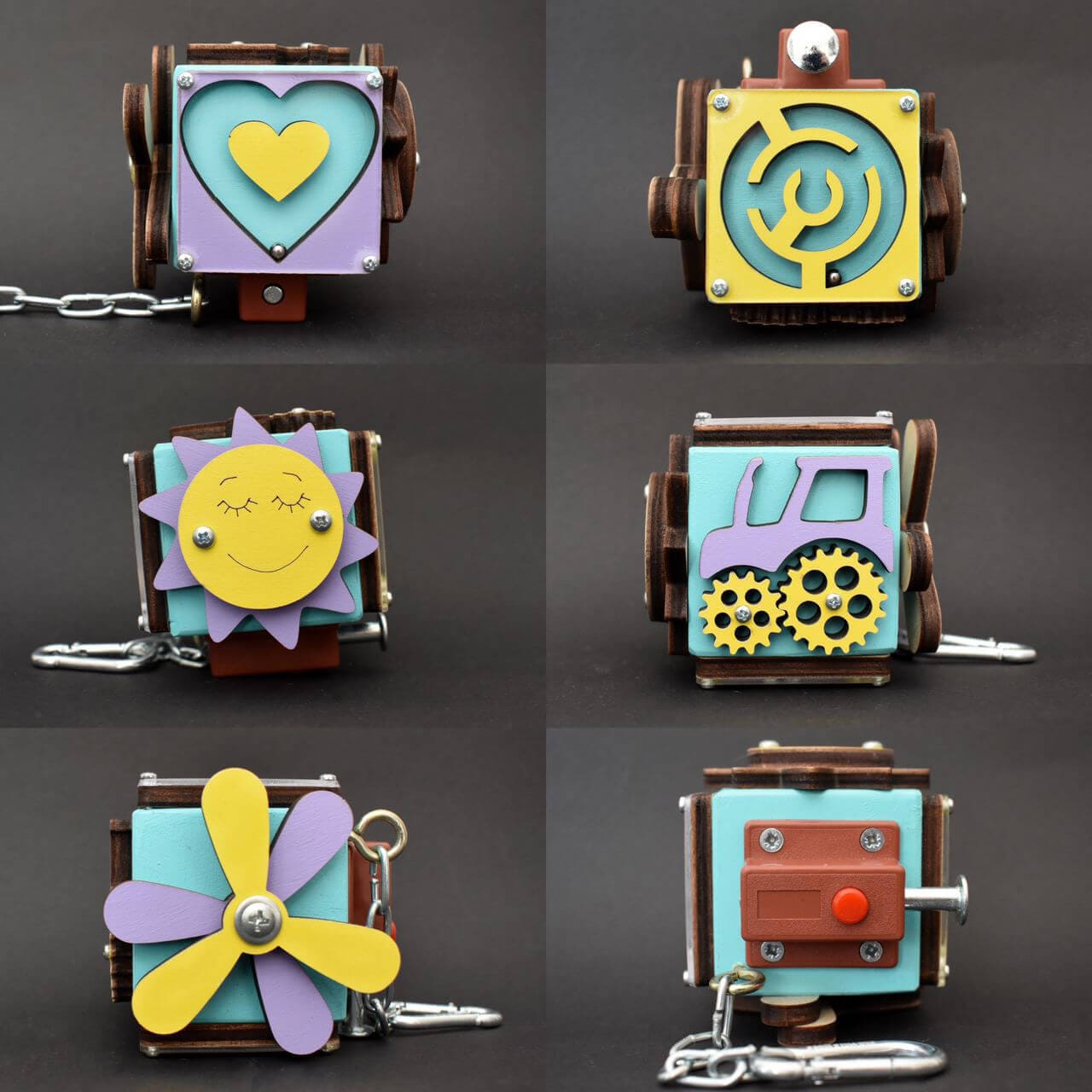 Mini Montessori busy cube with owl and gears