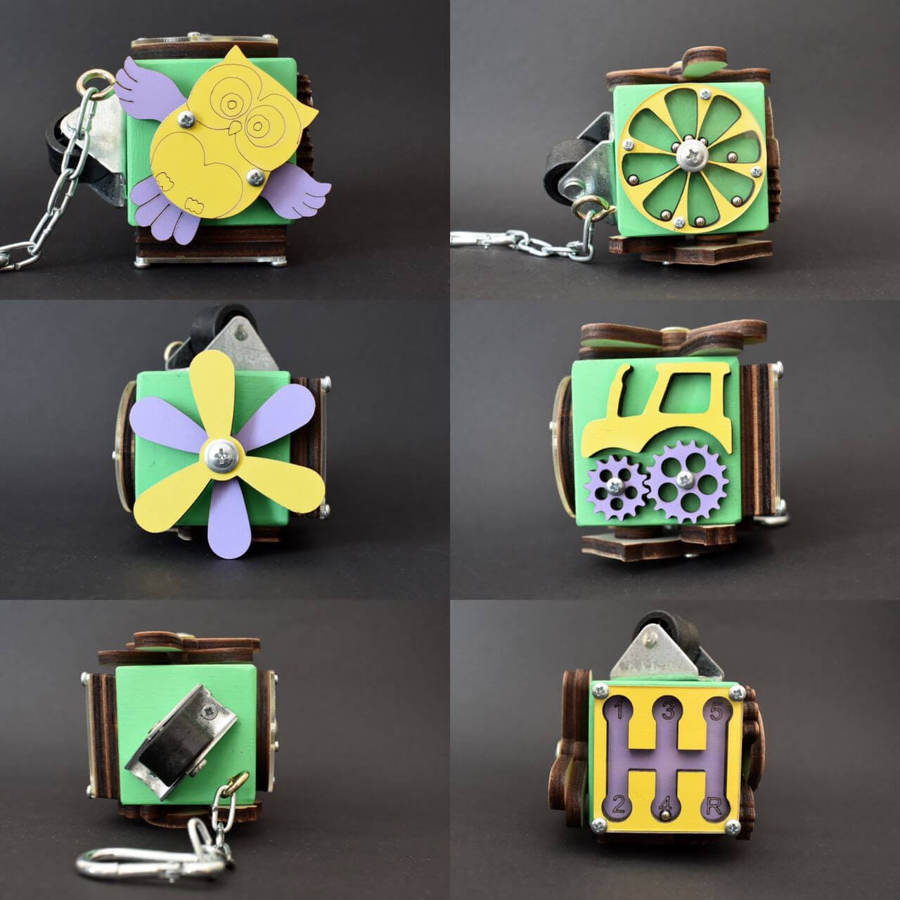 Montessori busy cube with gears and keychain