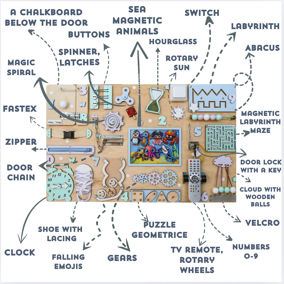 Interactive marine animals on a beautifully designed oversized ocean busy board