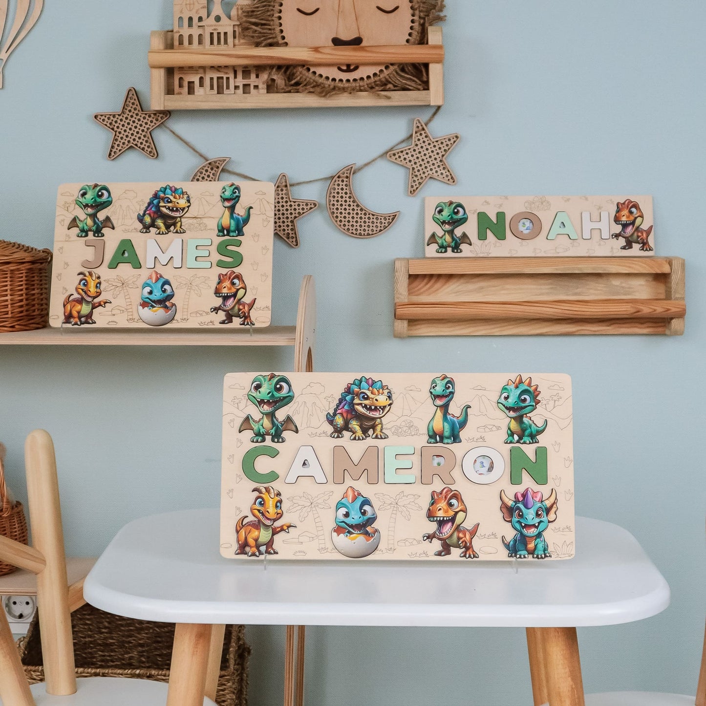 Custom wooden name puzzle with dinosaur background