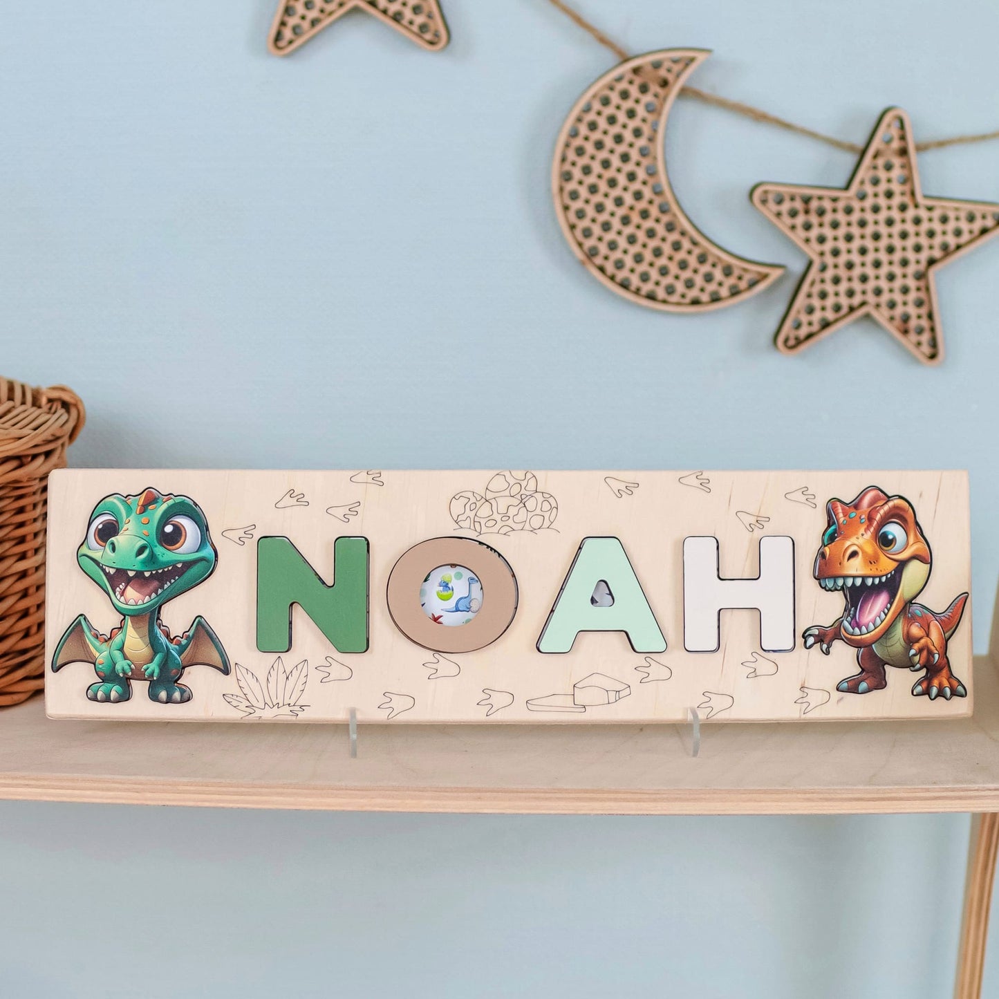 Triceratops and pterodactyl puzzle with name cutout
