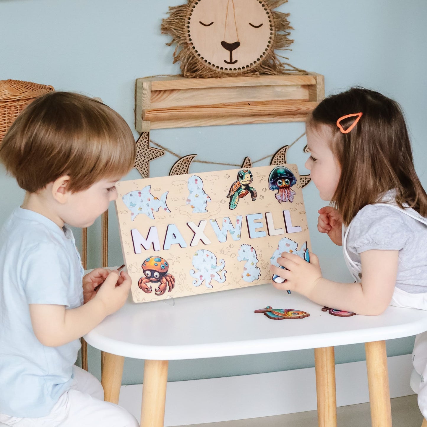 Handmade wooden puzzle with sea animal cutouts