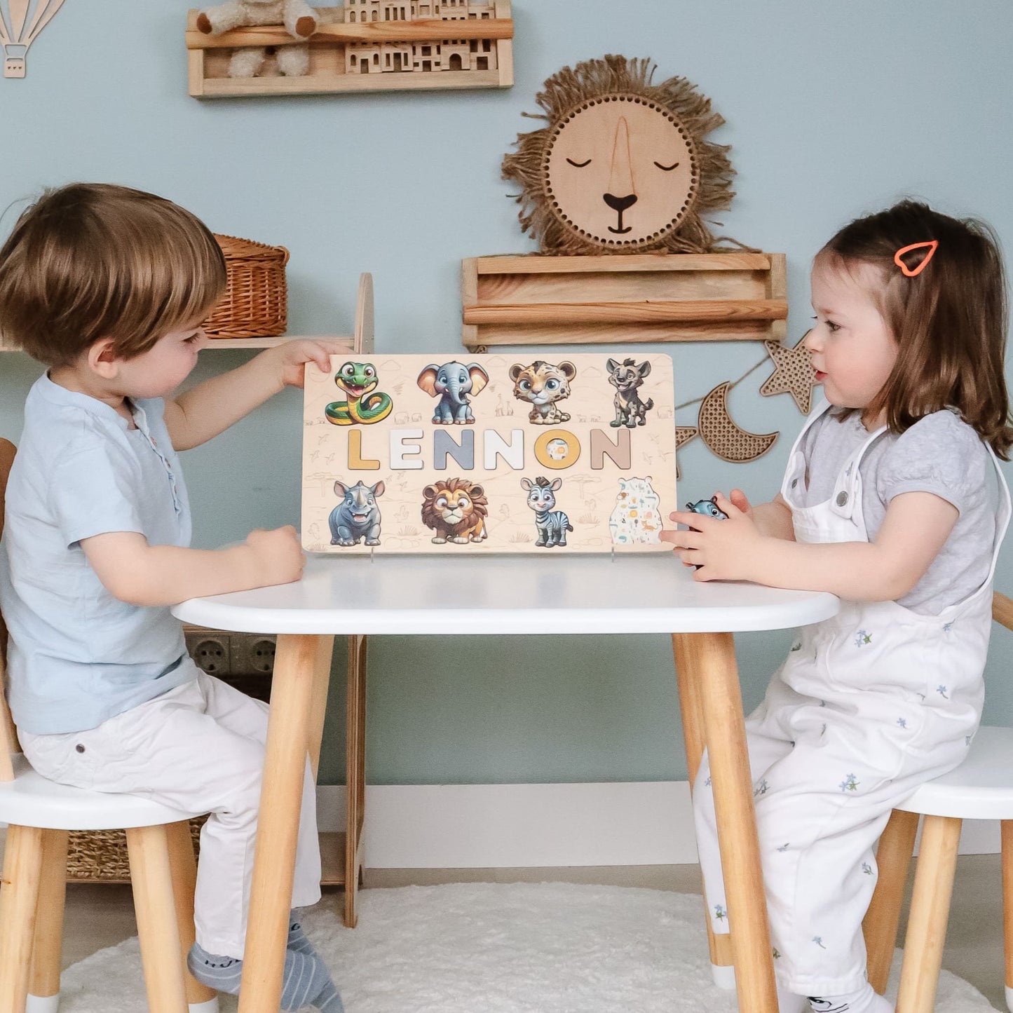 Lion and giraffe puzzle with wooden name cutout