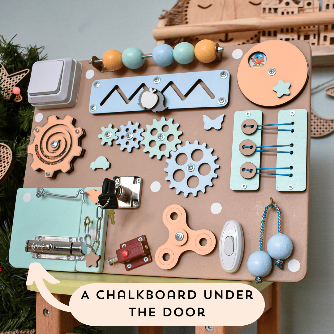 Montessori travel busy board in pastel tones