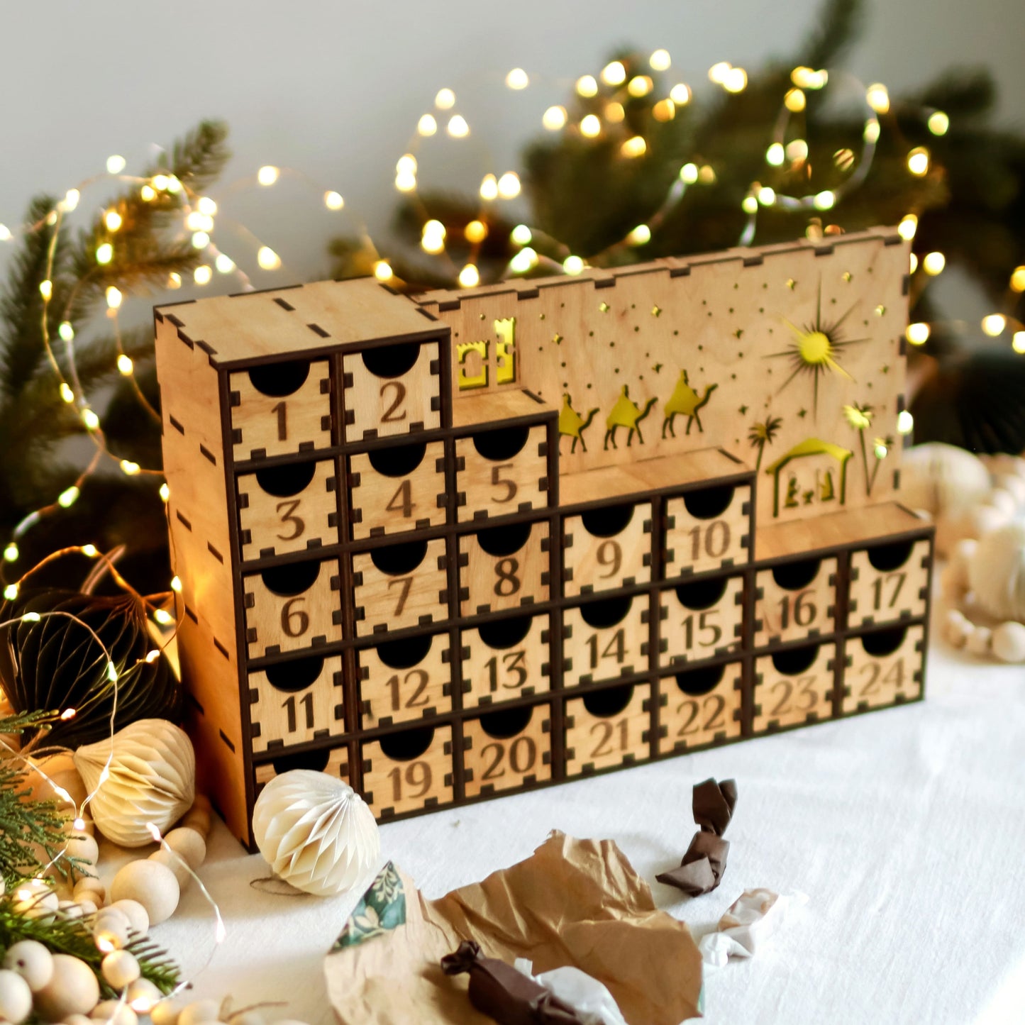 "Handmade Wooden Advent Calendar – Large Drawers & LED Lights for Christmas Countdown"
Description: A beautifully crafted wooden Advent calendar with 24 numbered drawers, glowing LED lights, and a festive holiday design, perfect for Christmas home décor and family traditions.