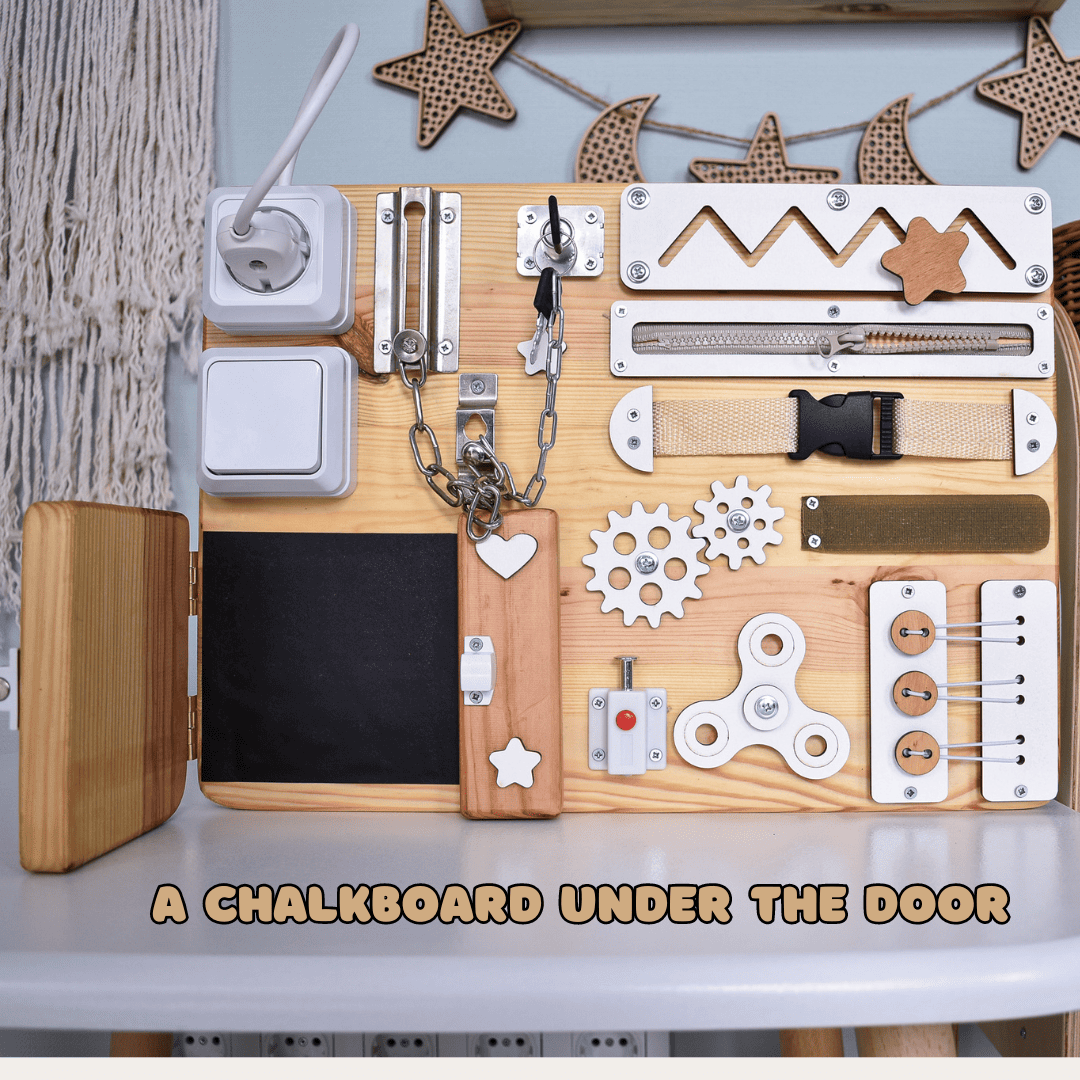 Montessori busy board with chalkboard under hidden door