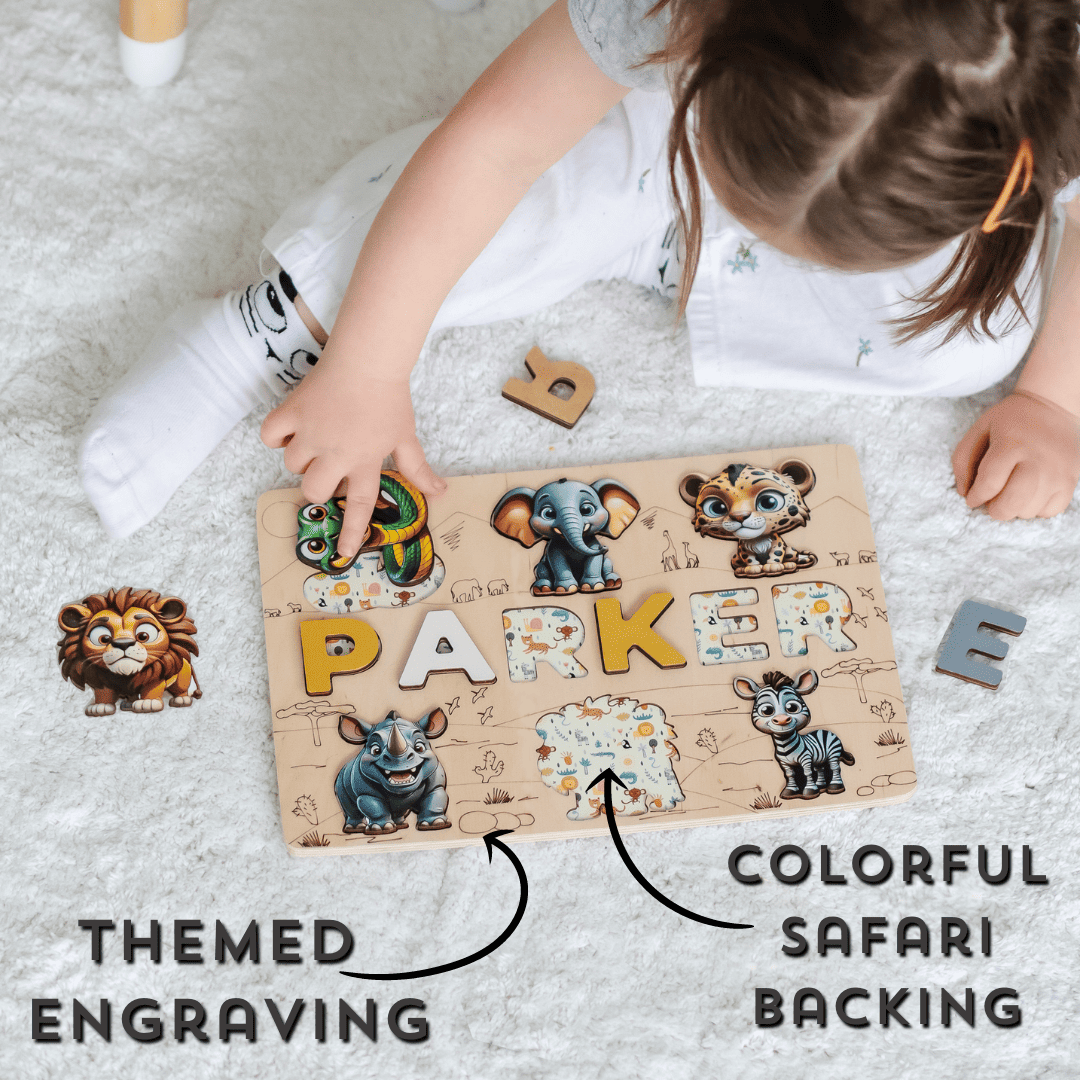 Personalized alphabet puzzle with wild animal figures