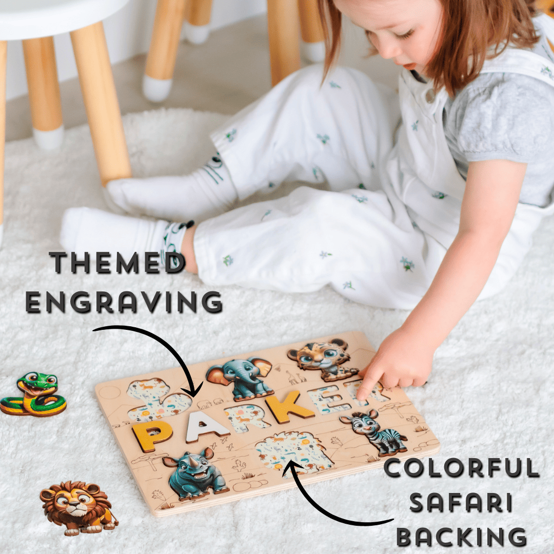 Toddler Montessori puzzle with giraffe and zebra