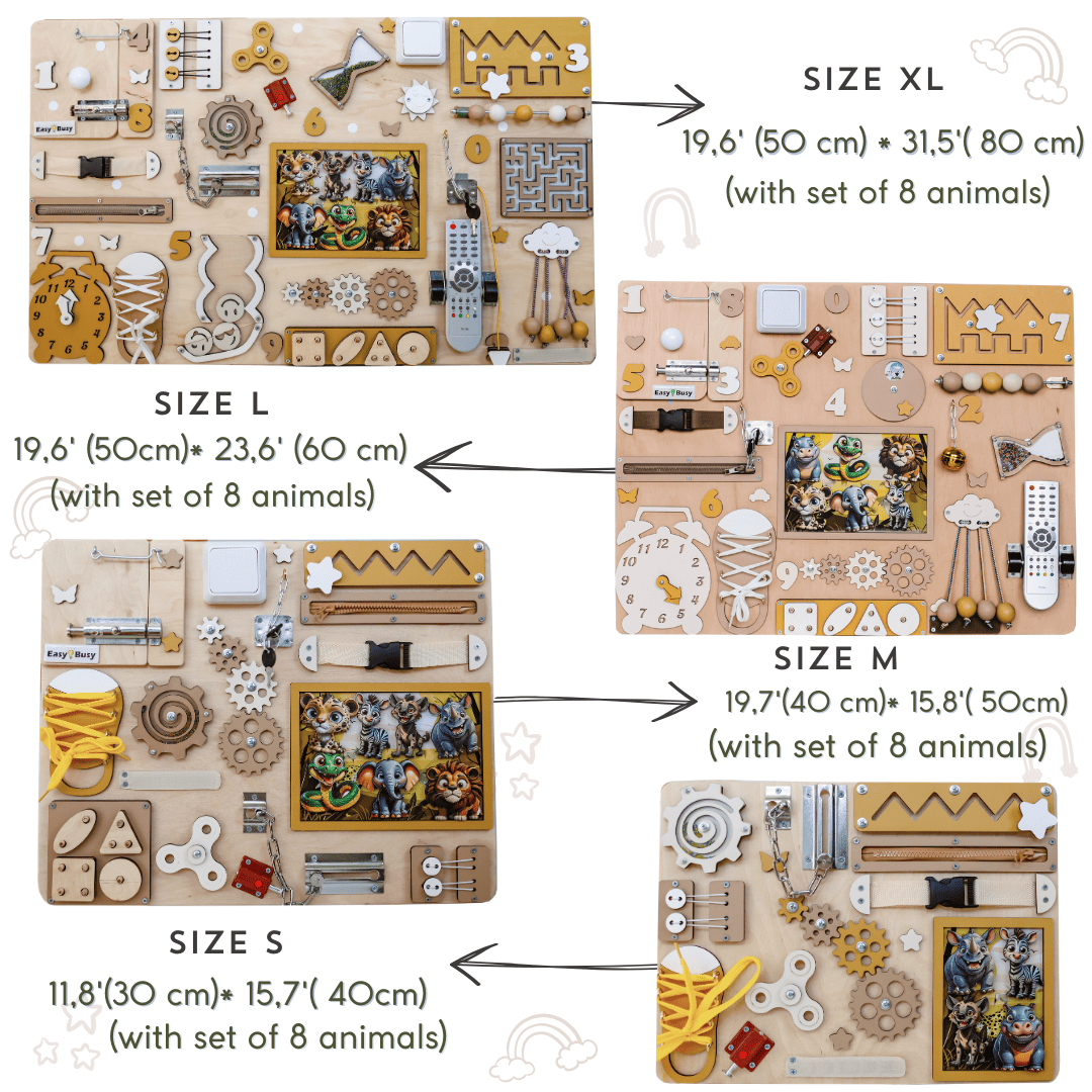 Safari adventure-themed busy board with an expansive play area