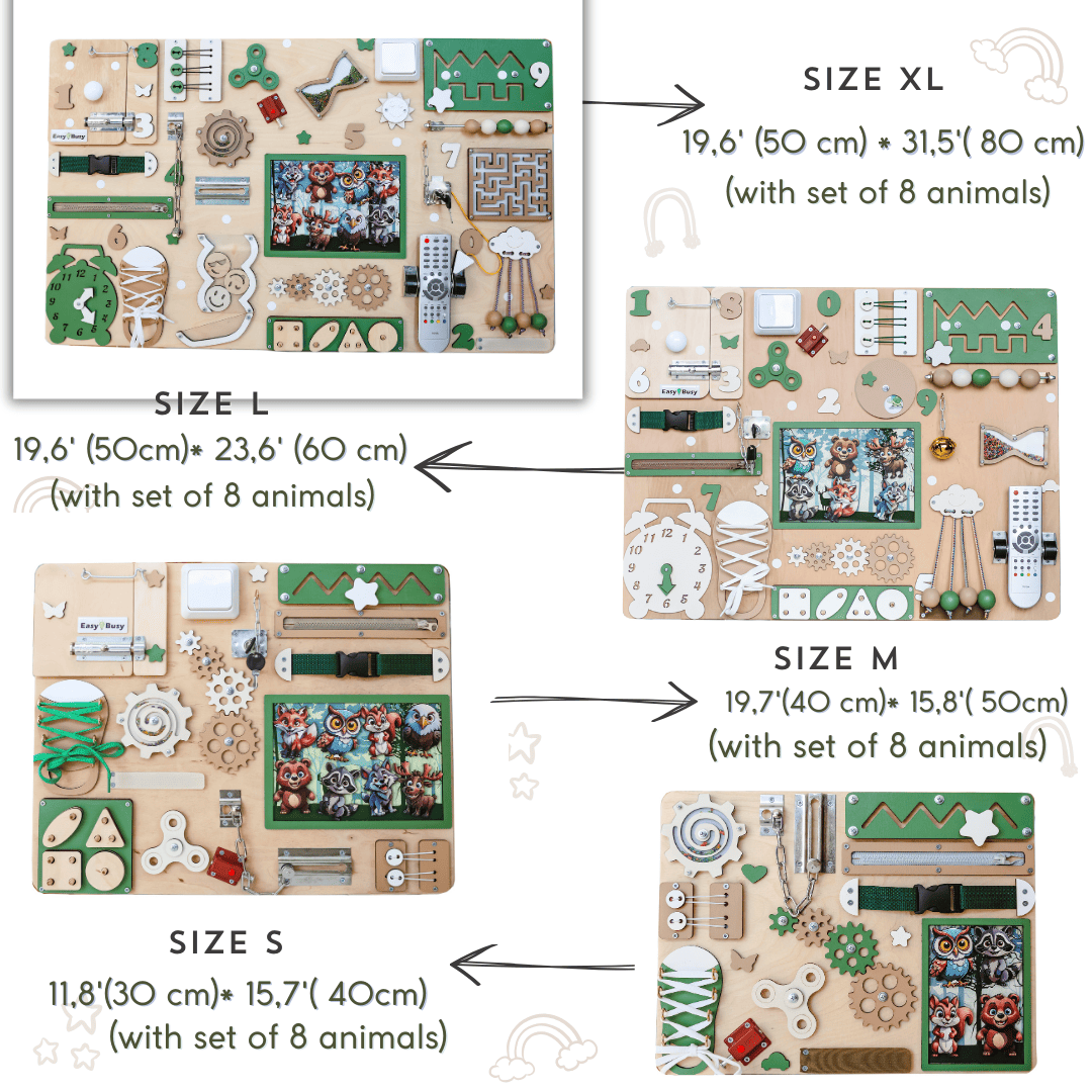Woodland-themed animated busy board with magnetic forest animals like foxes, owls, and deer