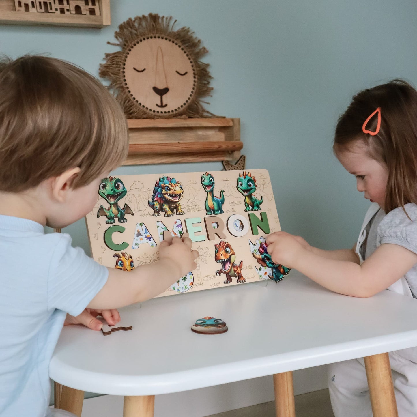 Montessori wooden puzzle with colorful dinos