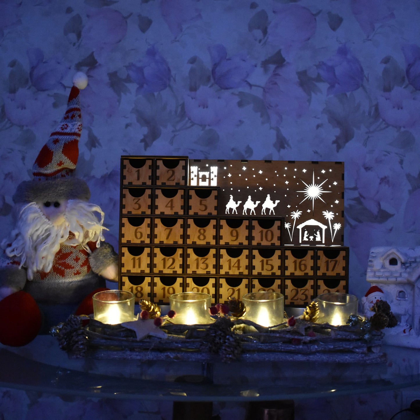 Close-Up of Numbered Drawers – A detailed view of the handcrafted wooden drawers, each numbered for a magical Christmas countdown experience