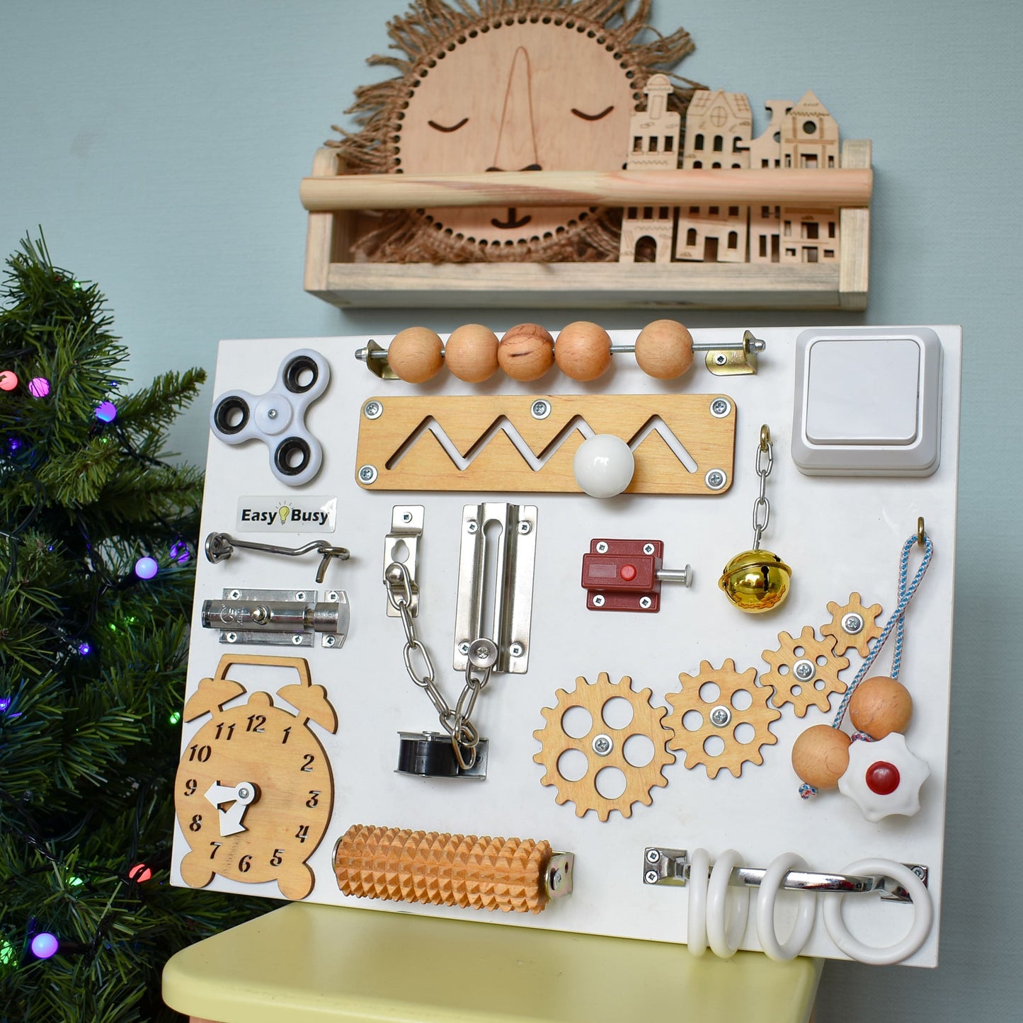 Montessori sensory board with switch, chain lock, and roller