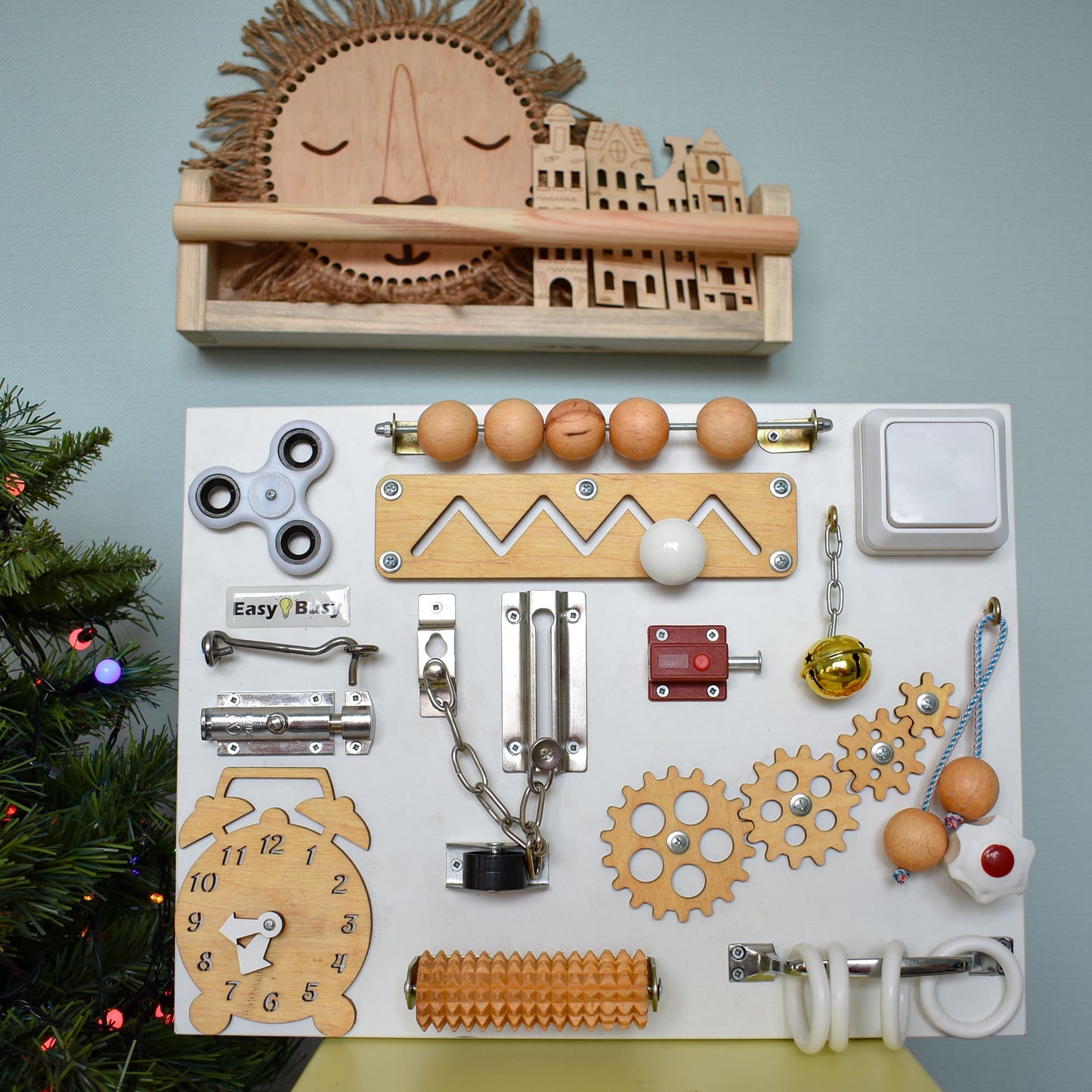 Educational activity board on wooden chair with neutral colors