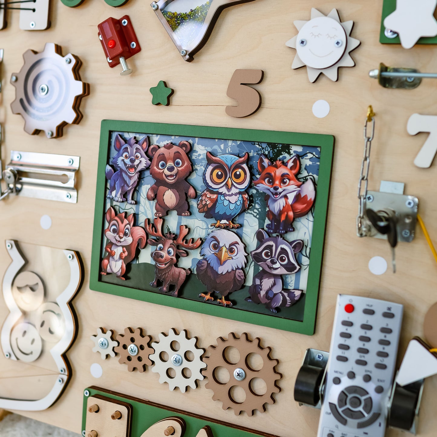 Montessori learning toy with a nature-inspired background