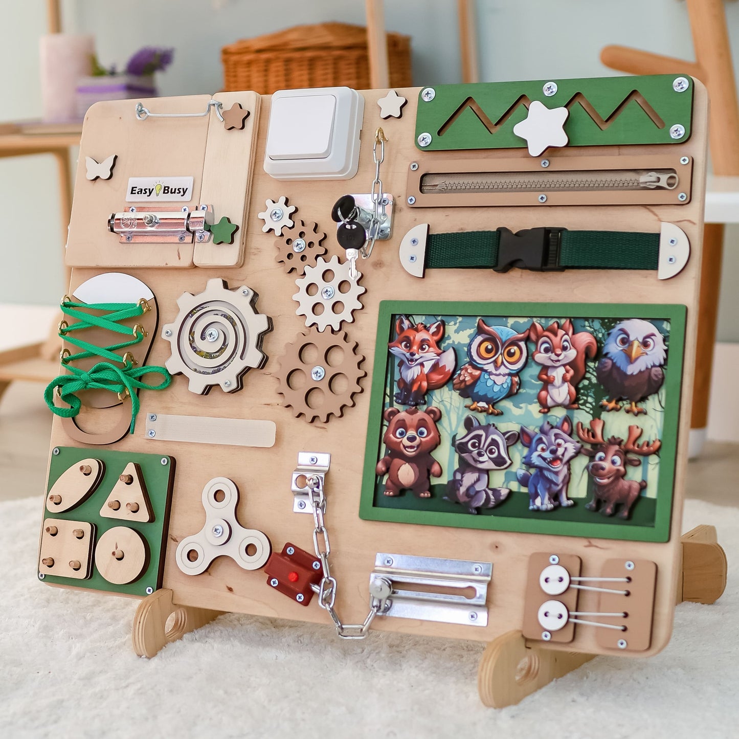 Woodland-themed animated busy board (Size M) with magnetic forest animals
