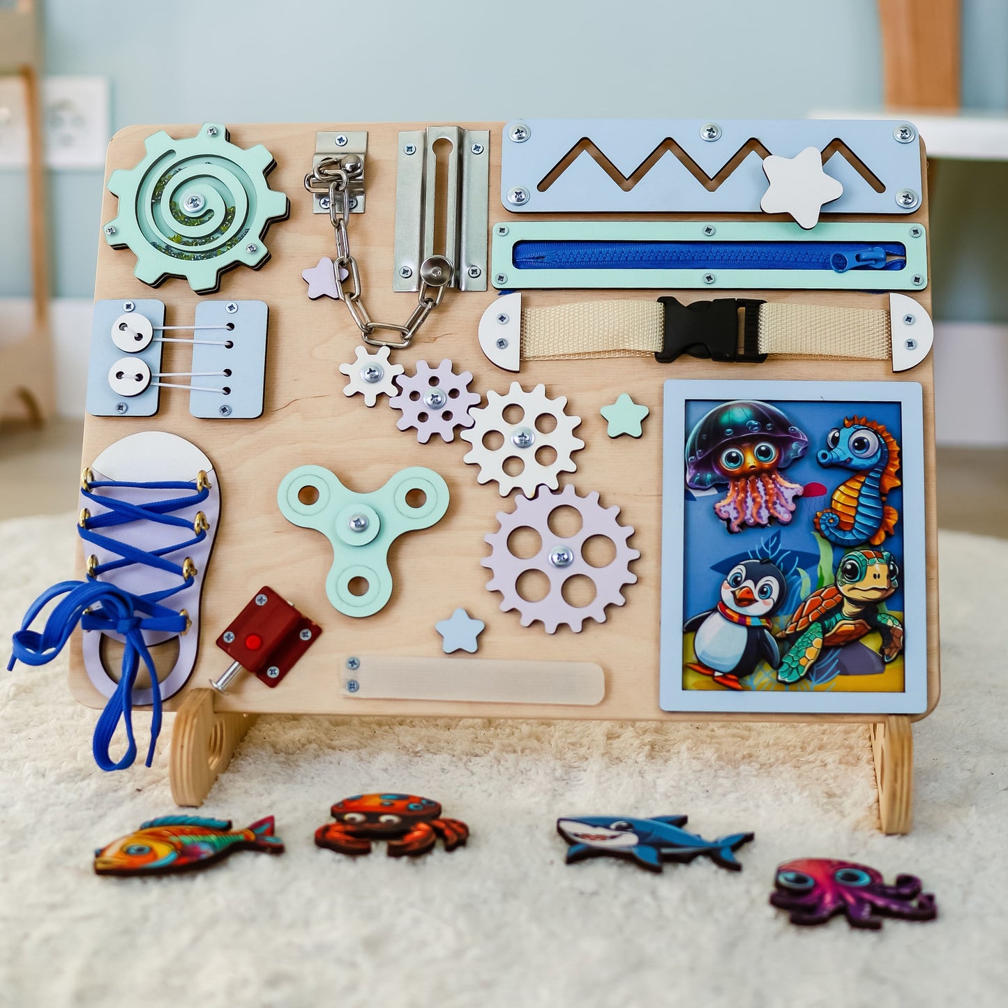 Interactive marine animals on a beautifully designed ocean busy board
