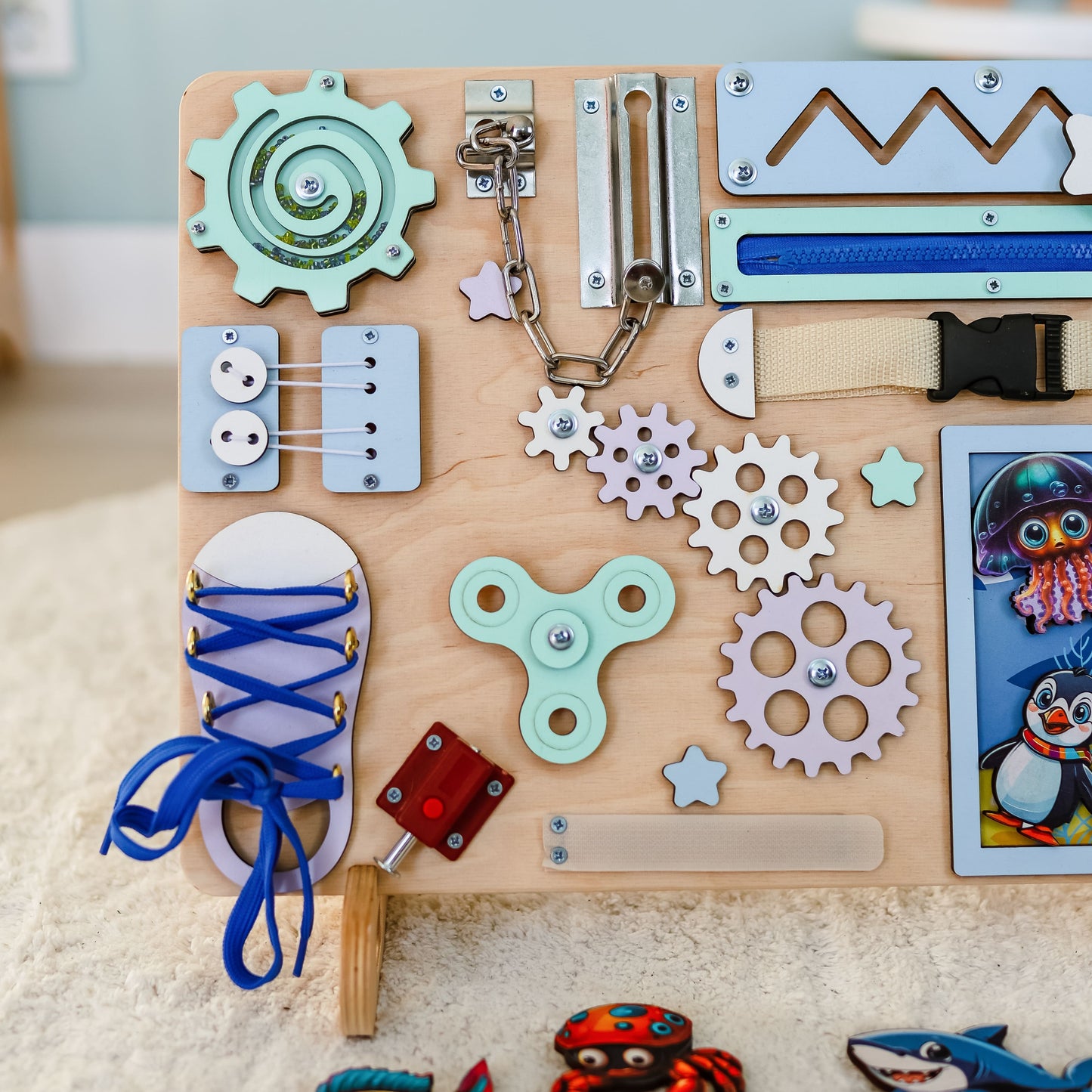 Sea-themed learning toy for toddlers with fine motor skill activities