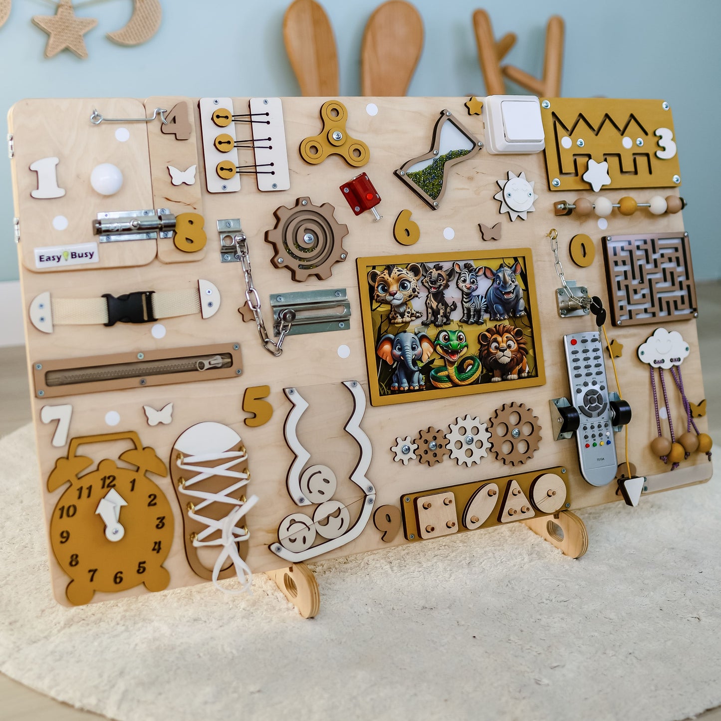 Interactive jungle animals on an extra-large safari-themed busy board