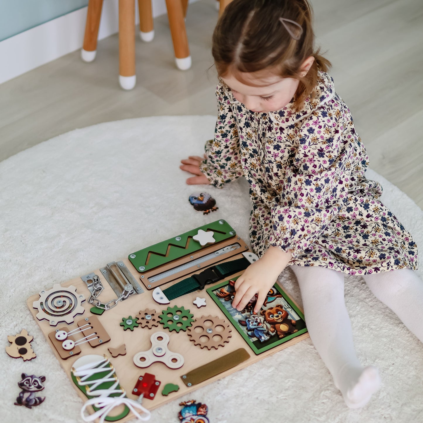 Forest sensory play panel for toddlers with hands-on interaction