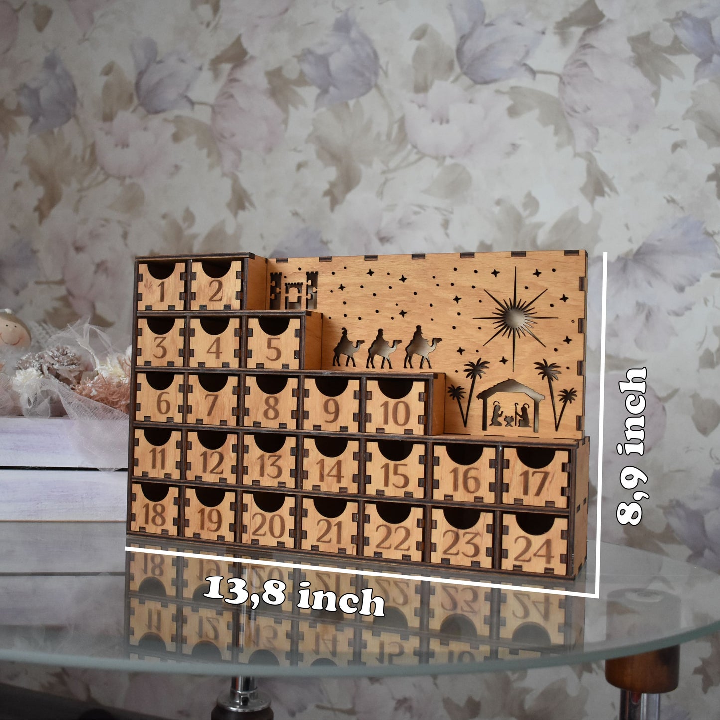 Advent Calendar with LED Lights Turned On – The wooden Advent calendar glowing with warm LED lighting, creating a cozy holiday ambiance