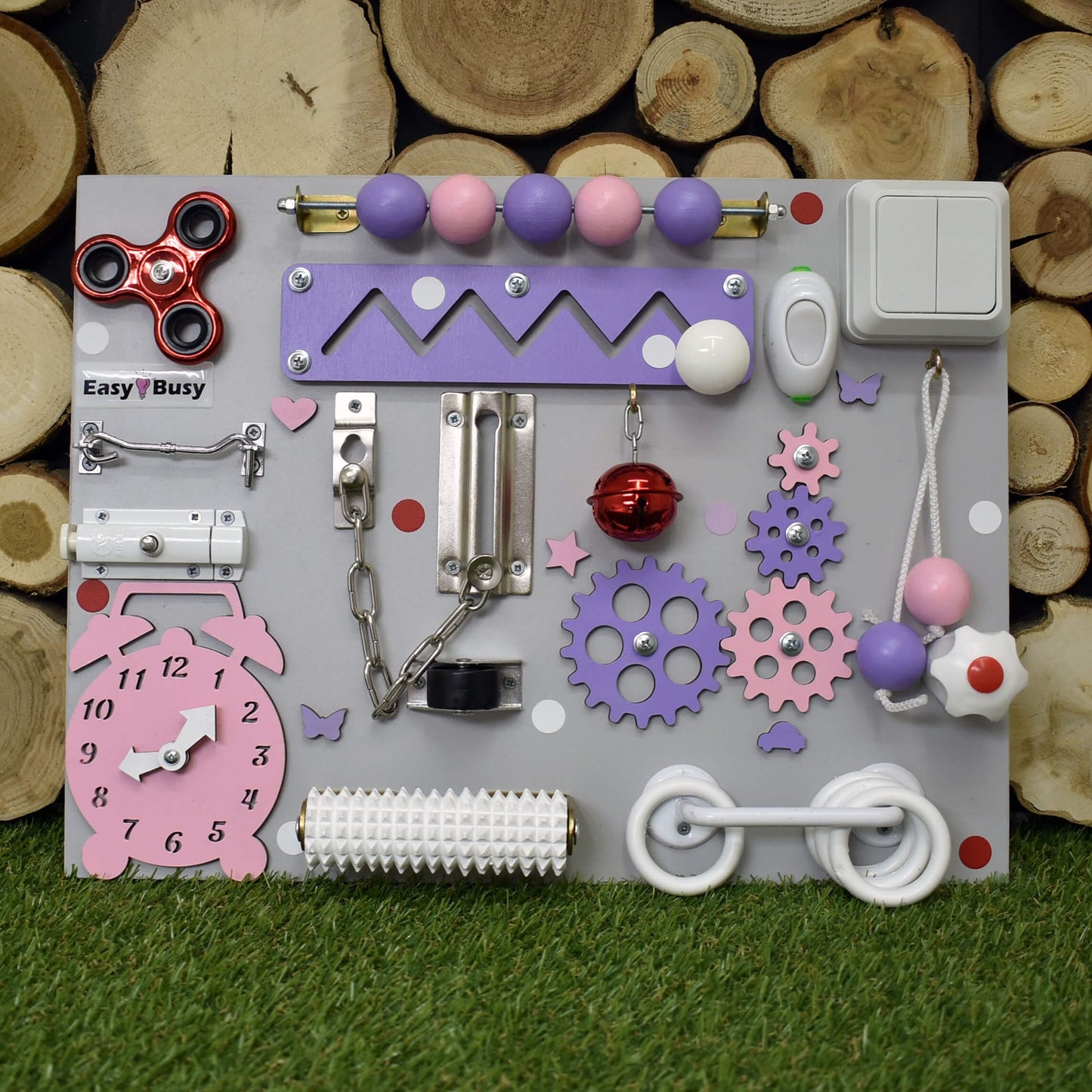Blue and white busy board with switch and fine motor activities