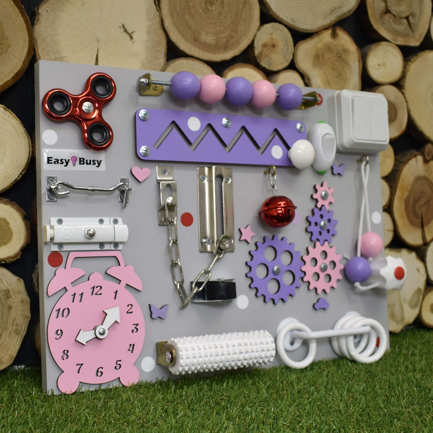 Handmade S-size busy board with white base and gears
