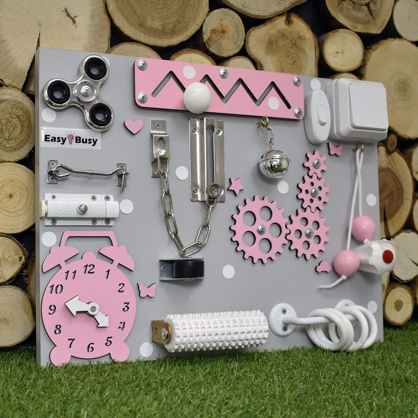 Blue toddler board with chain lock, gears, and lightswitch