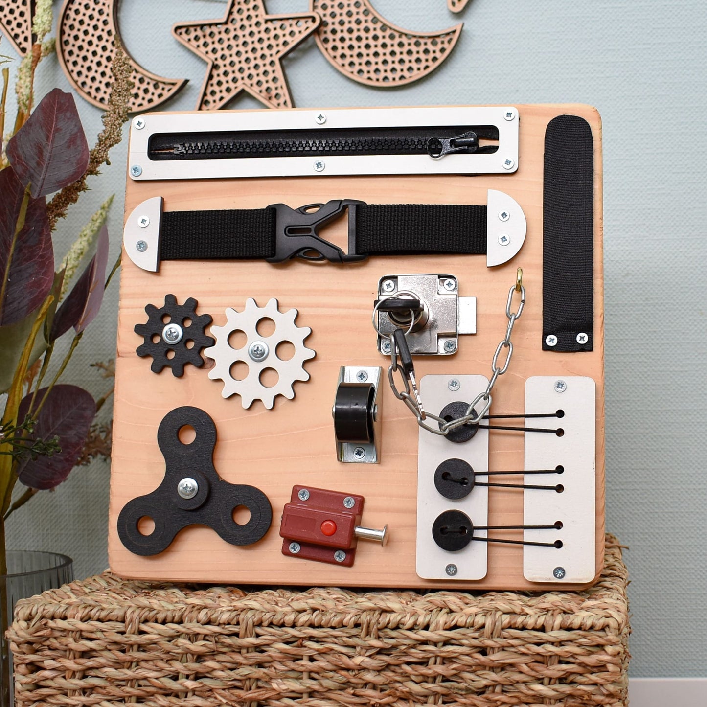 Handcrafted dementia board with fine motor tools