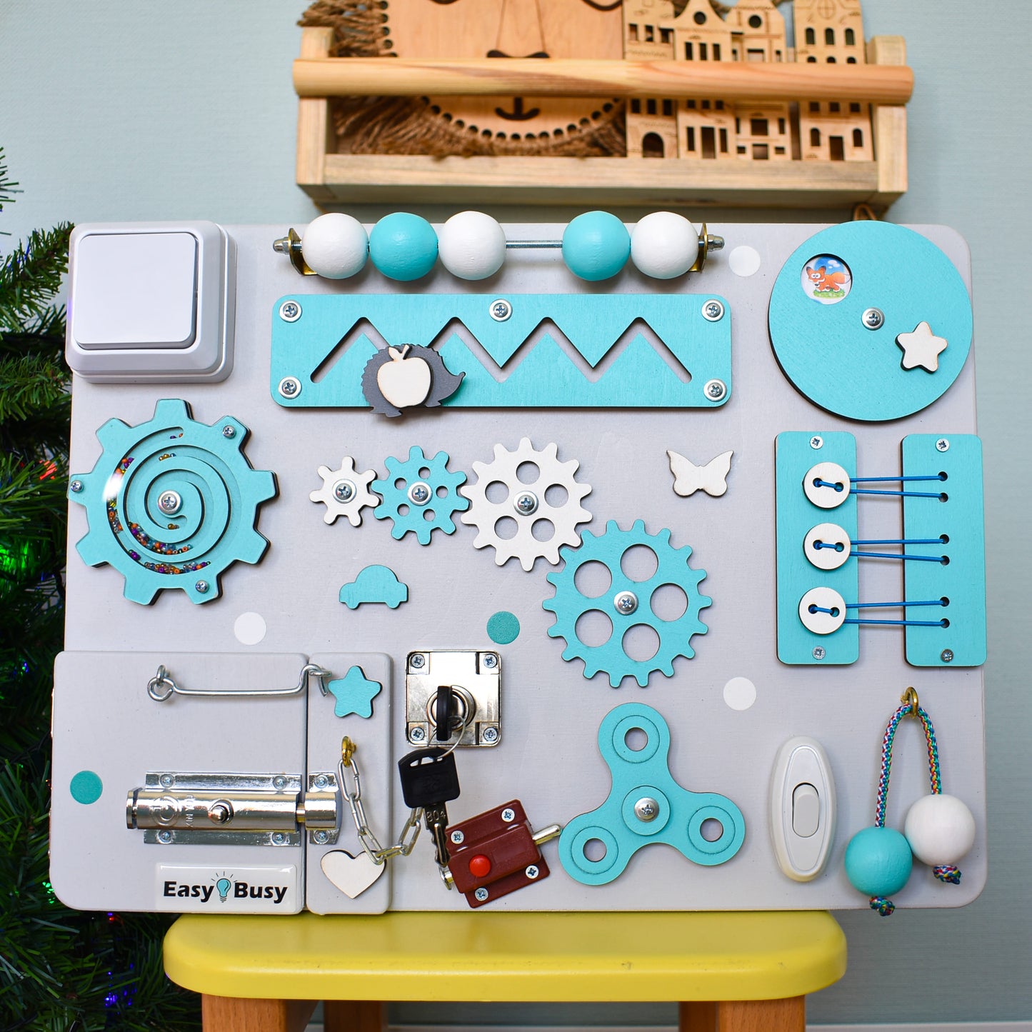 Montessori toy featuring locks, keys, and moving parts