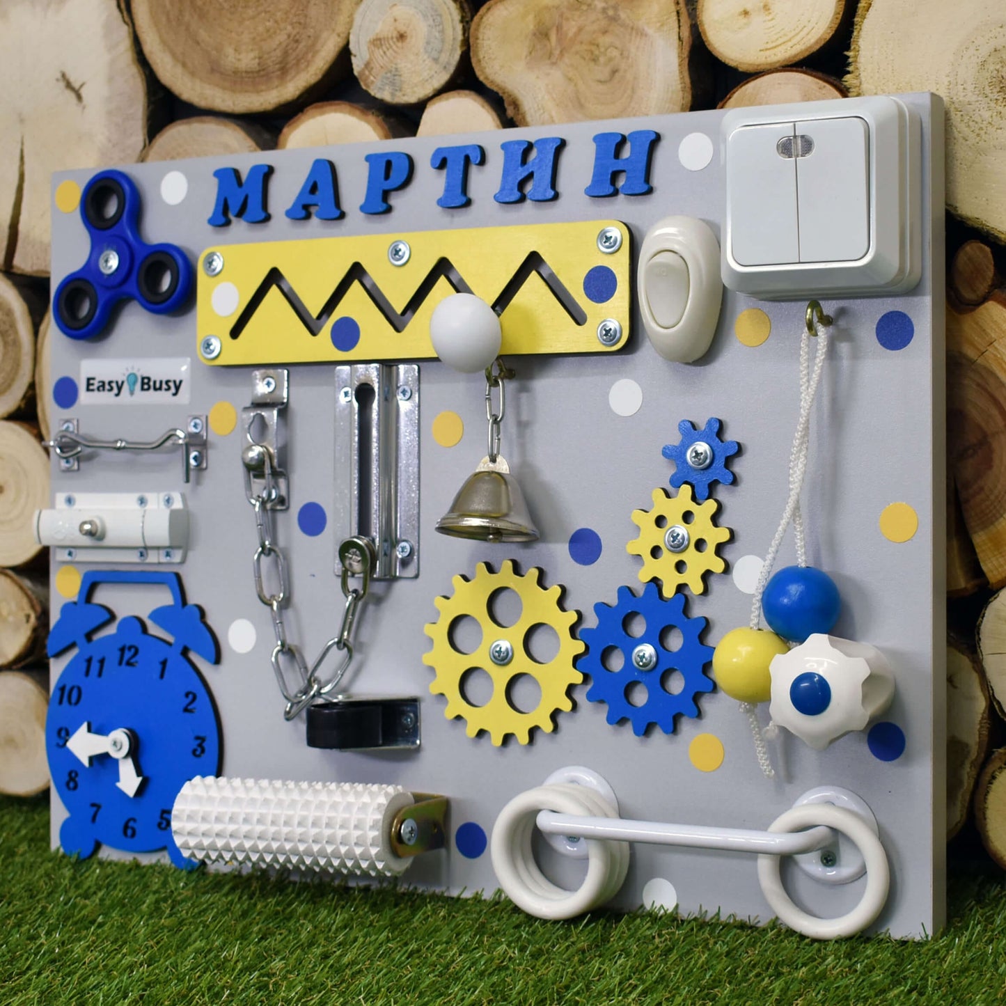 Handmade wooden activity board in various colors