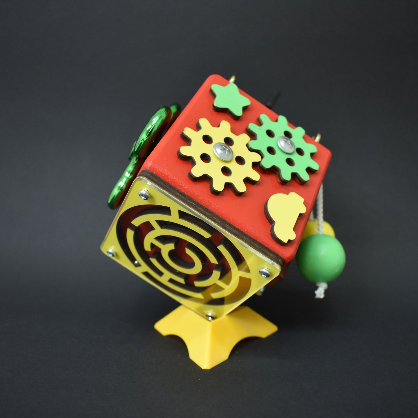 Handmade sensory cube in red and yellow colors