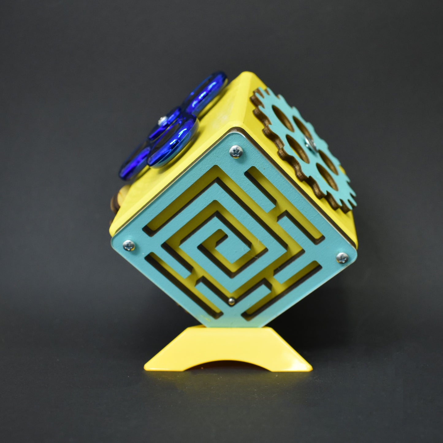 Yellow gear maze busy cube for toddlers
