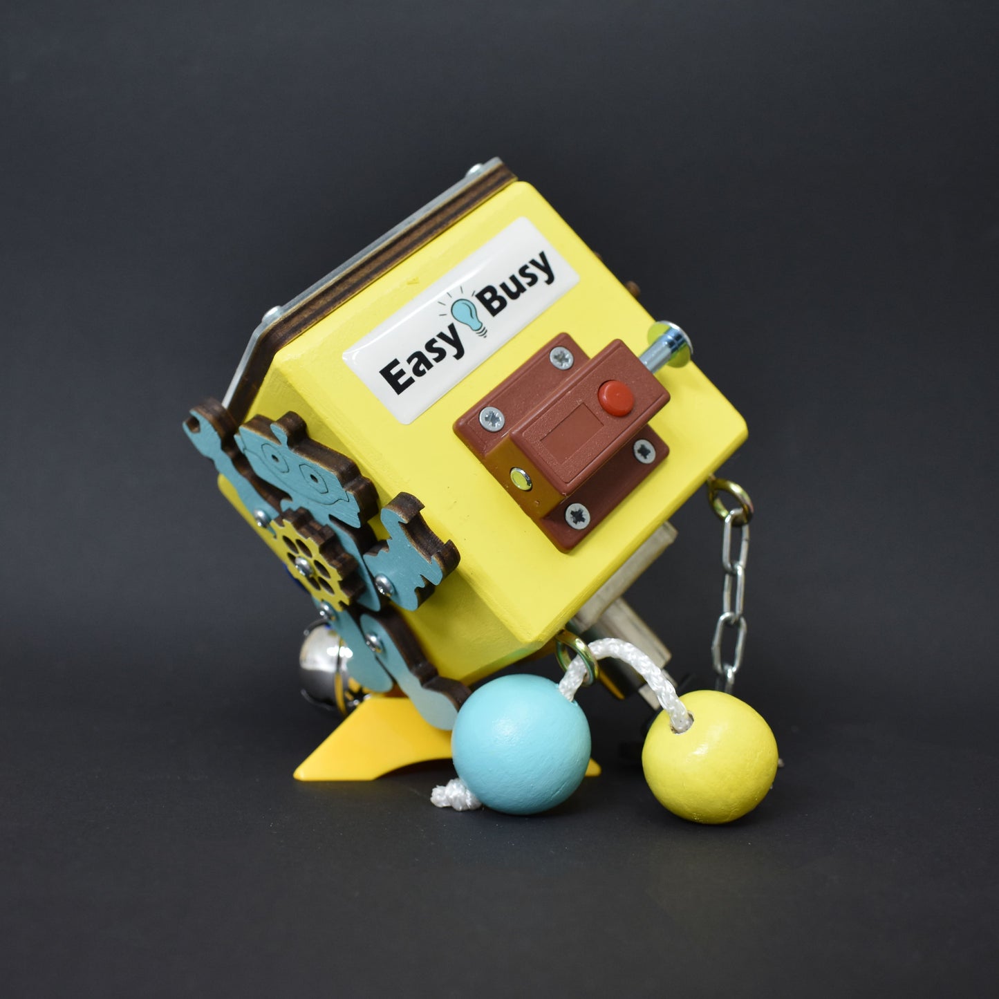 Blue toddler busy cube with mechanical elements
