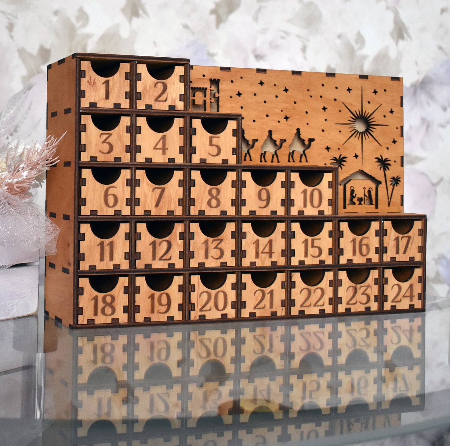 Family Using the Advent Calendar – A heartwarming image of a child opening a drawer, highlighting the excitement and joy of the Christmas countdown