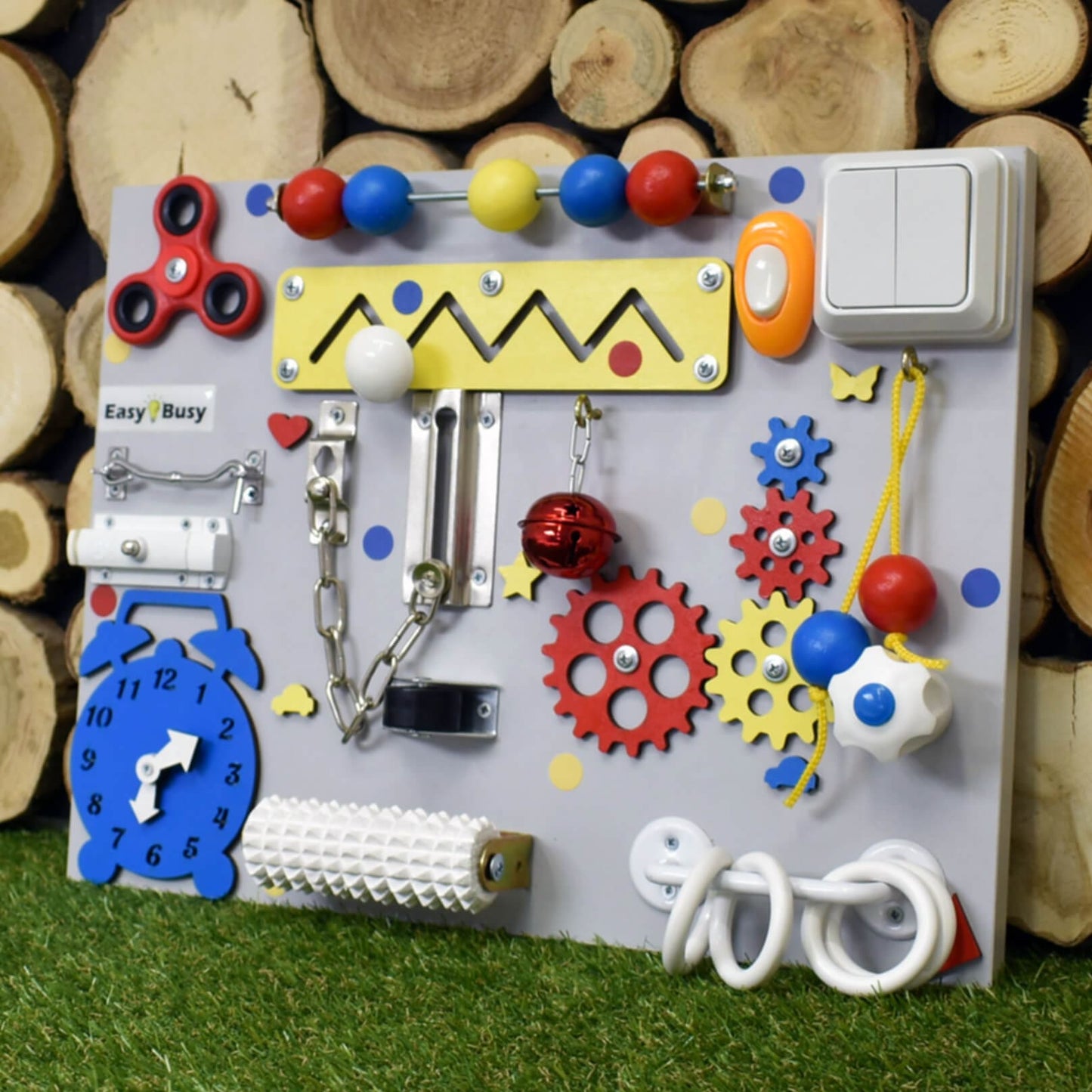 Educational activity board with colorful moving parts