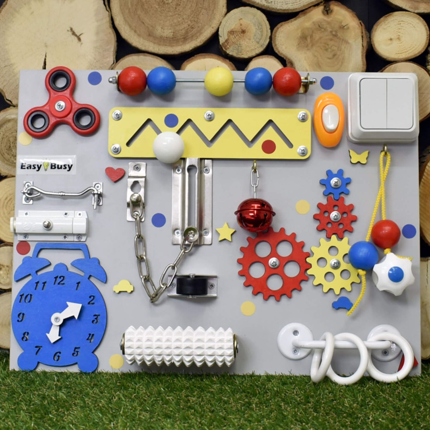 Eco-friendly handmade busy board with beads and lock