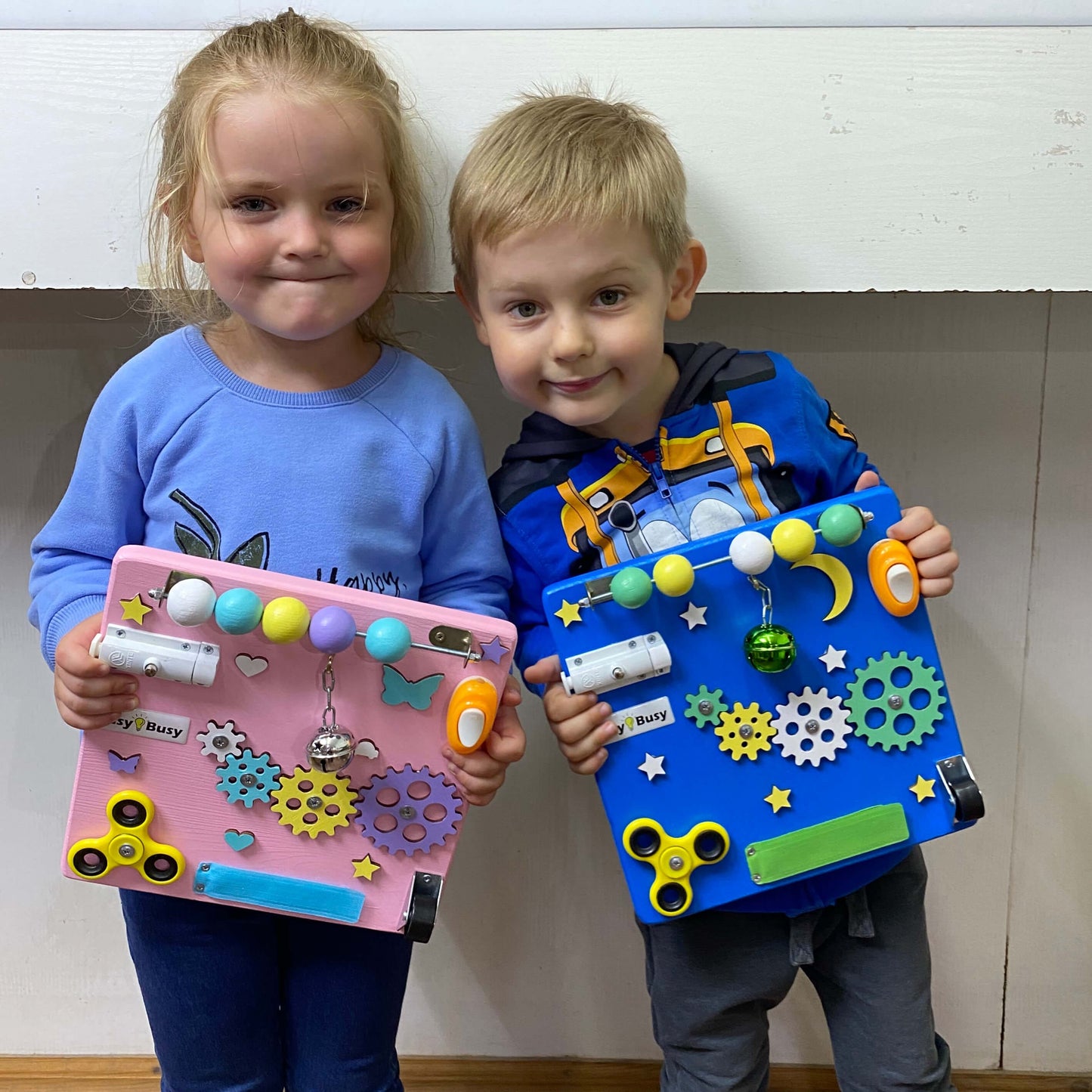 Colorful wooden elements on mini activity board