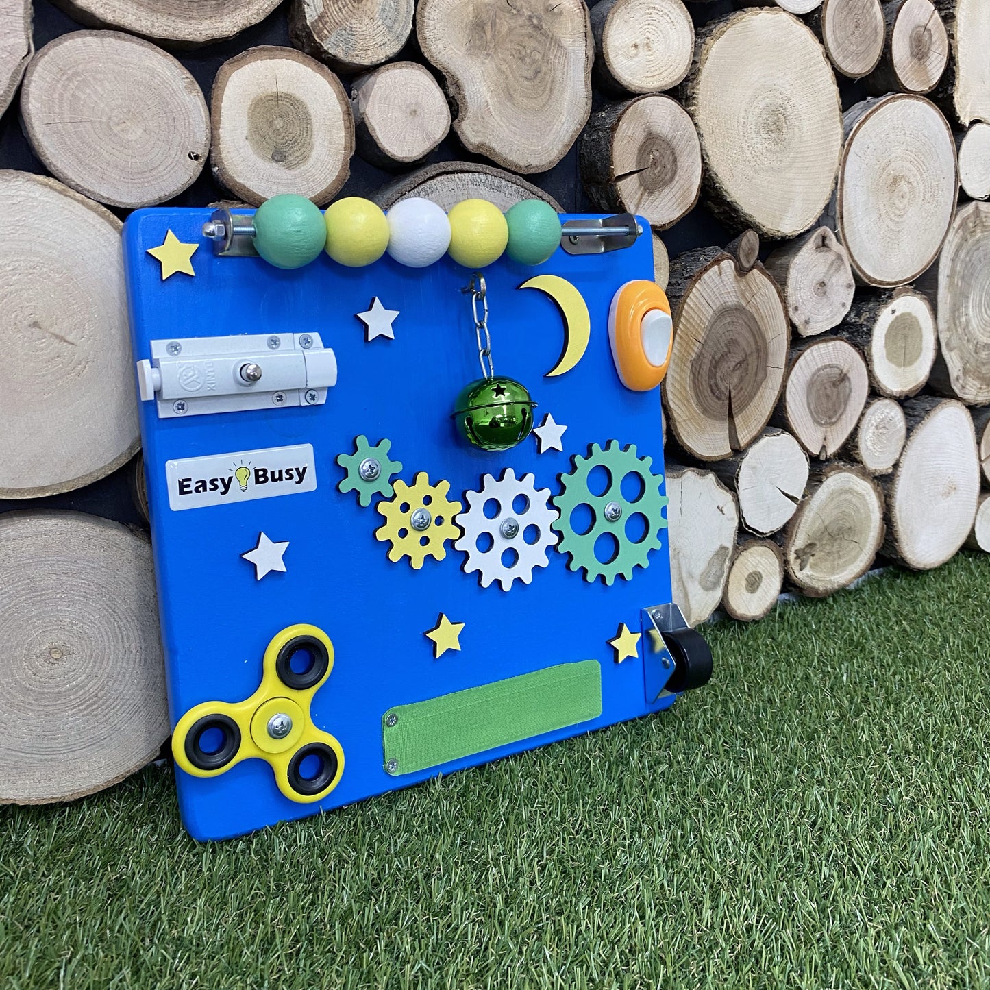 Board showing latch and bead bar in toddler-safe design